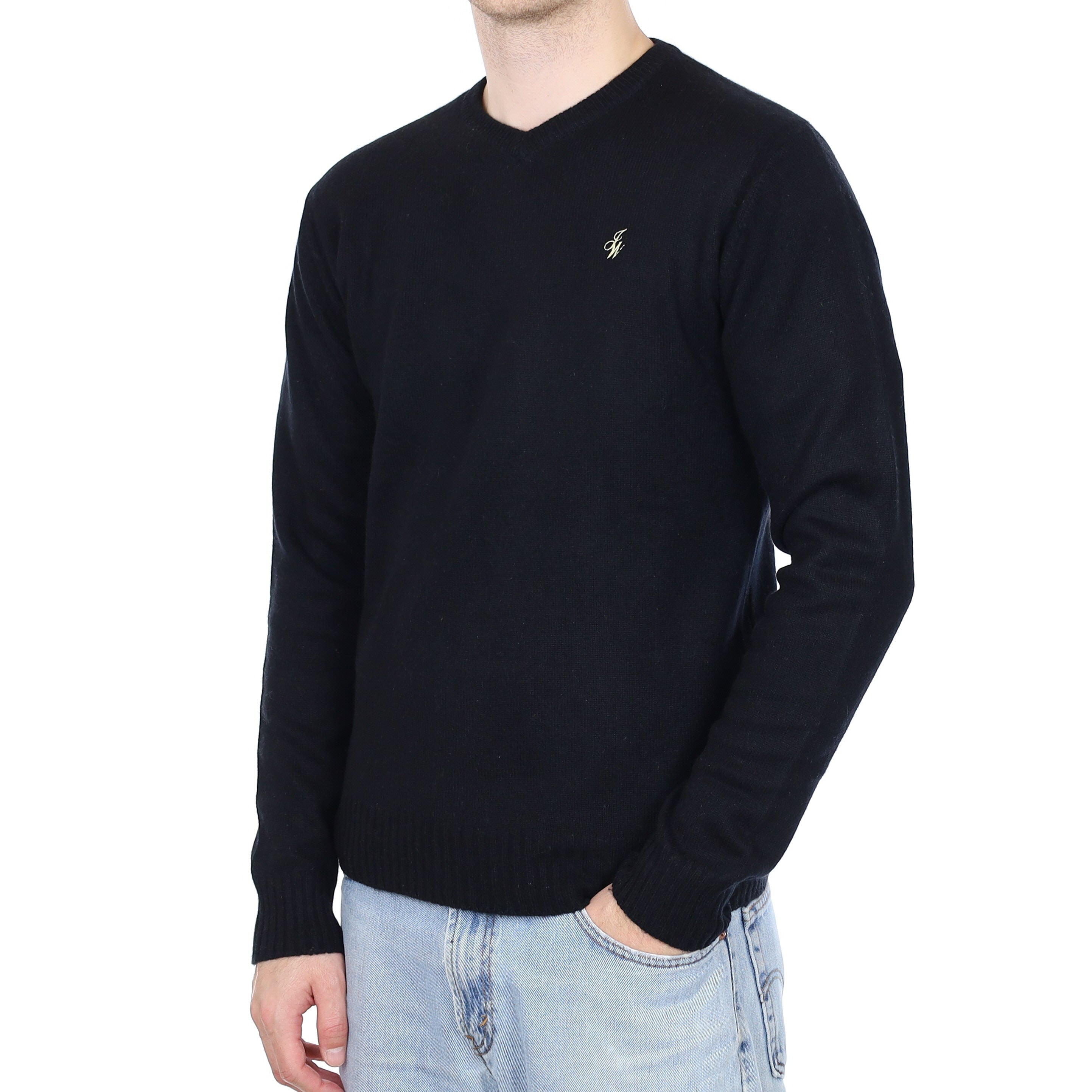 Men's Black Heavy Knit Cashmere V Neck Jumper Medium