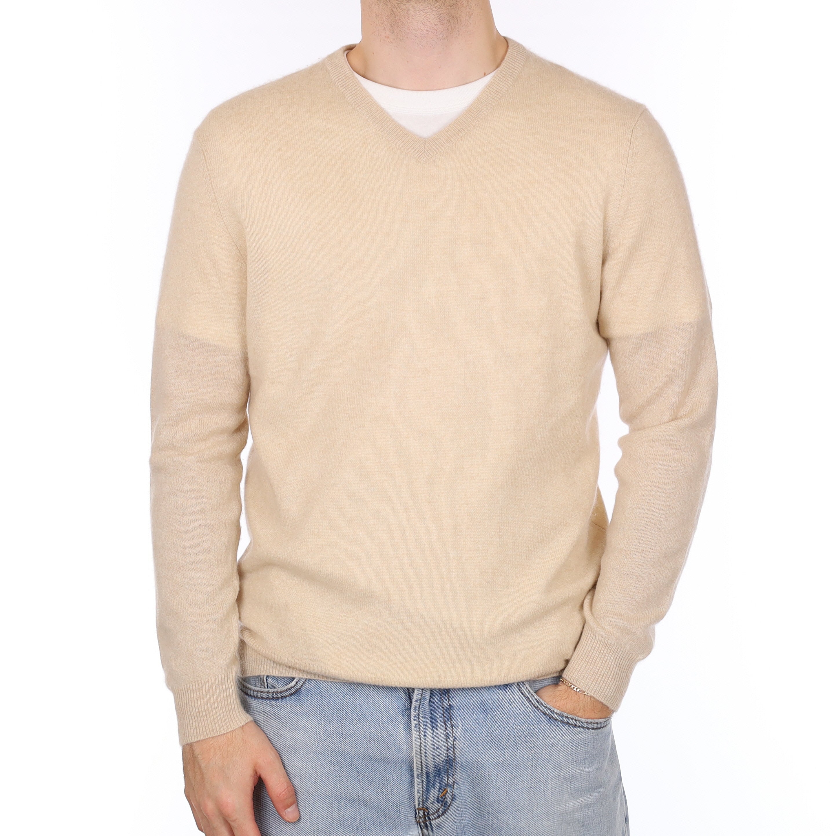 Men's Pale Sand Cashmere V Neck Jumper Medium