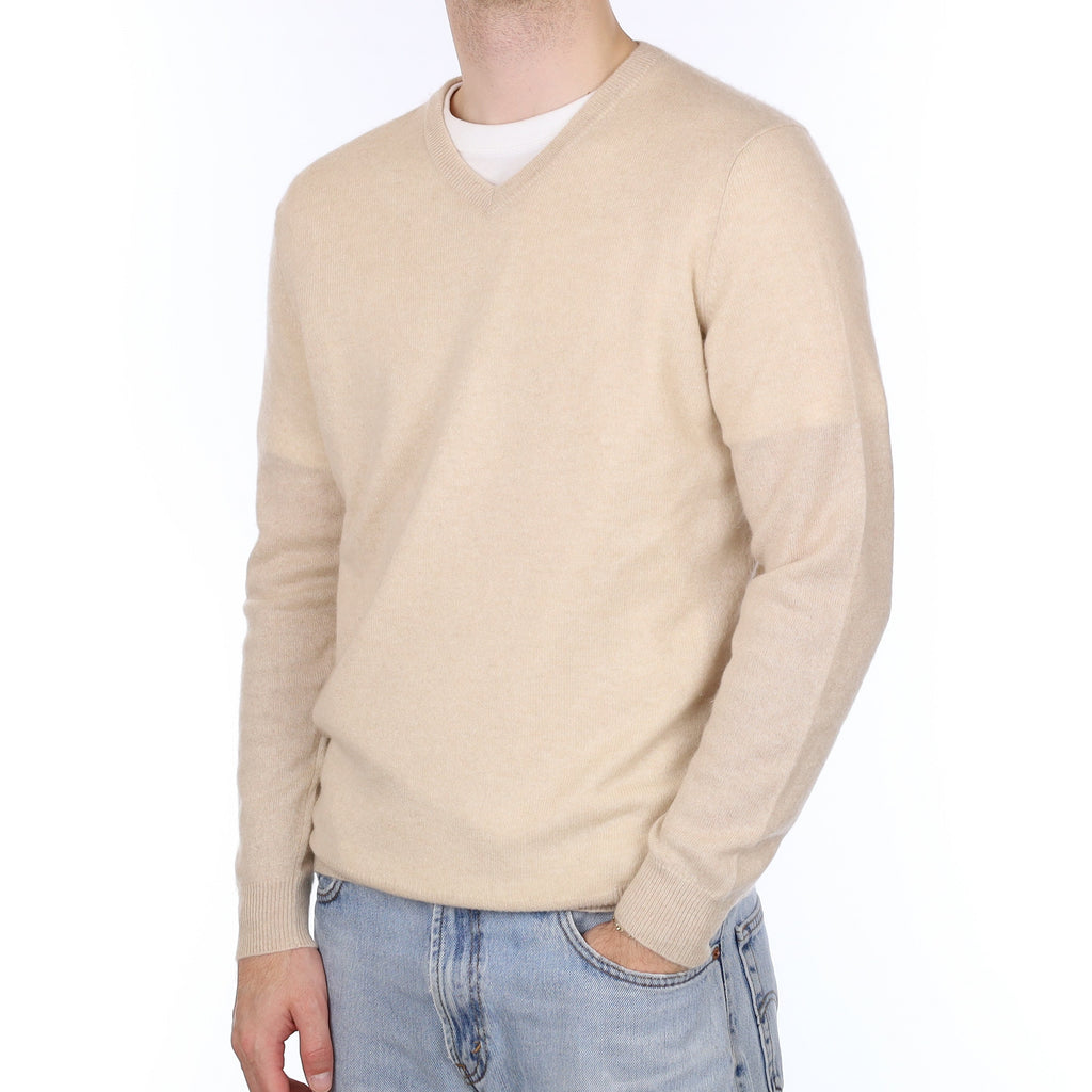 Men's Pale Sand Cashmere V Neck Jumper Medium