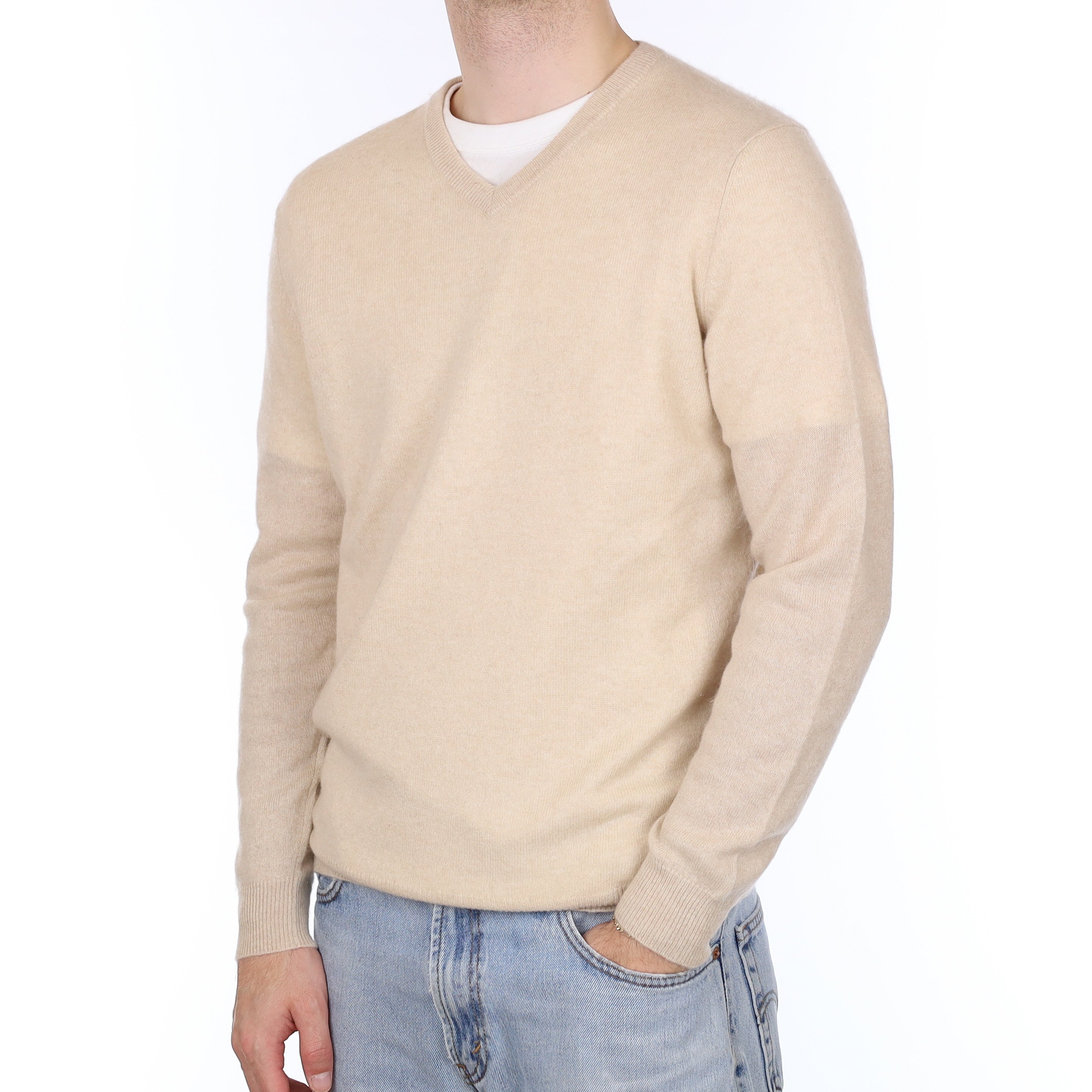 Men's Pale Sand Cashmere V Neck Jumper Medium