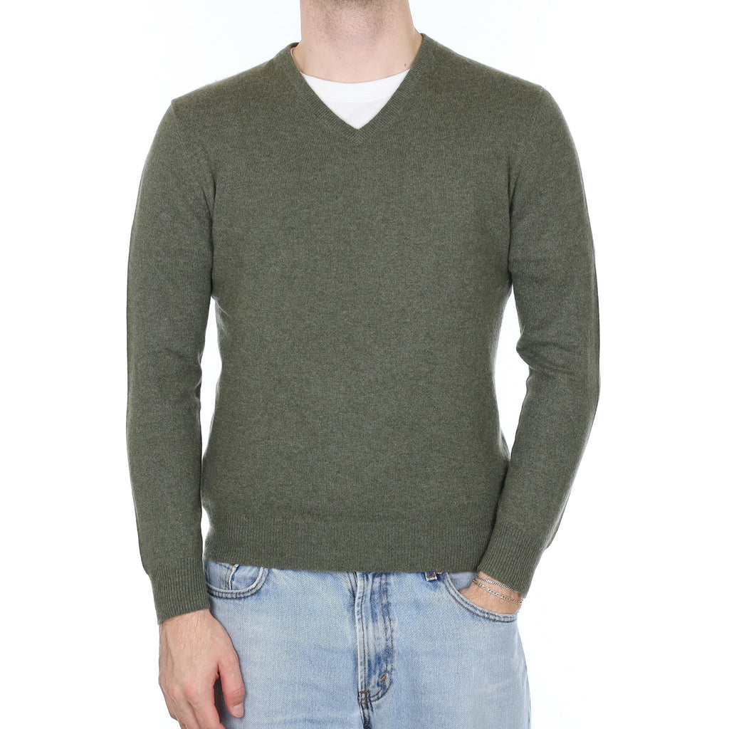 Men's Olive Green Cashmere V Neck Jumper Medium