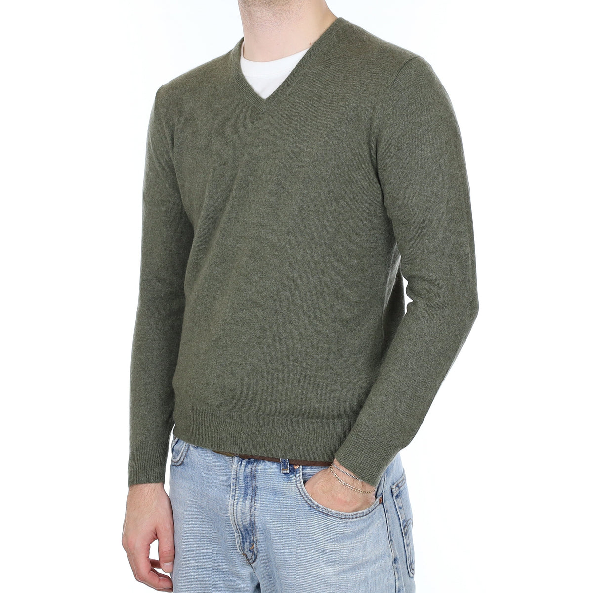 Men's Olive Green Cashmere V Neck Jumper Medium