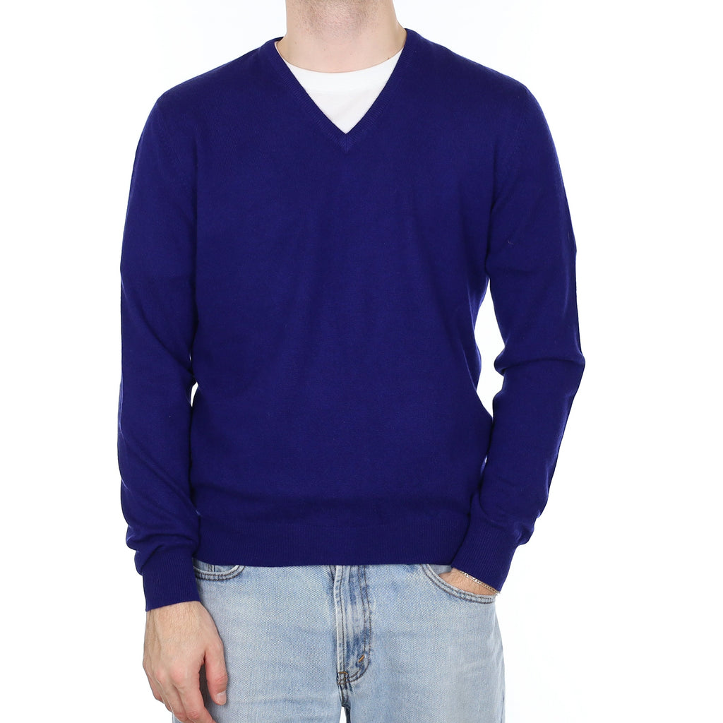 Men's Gran Sasso Indigo Blue Cashmere V Neck Jumper Large