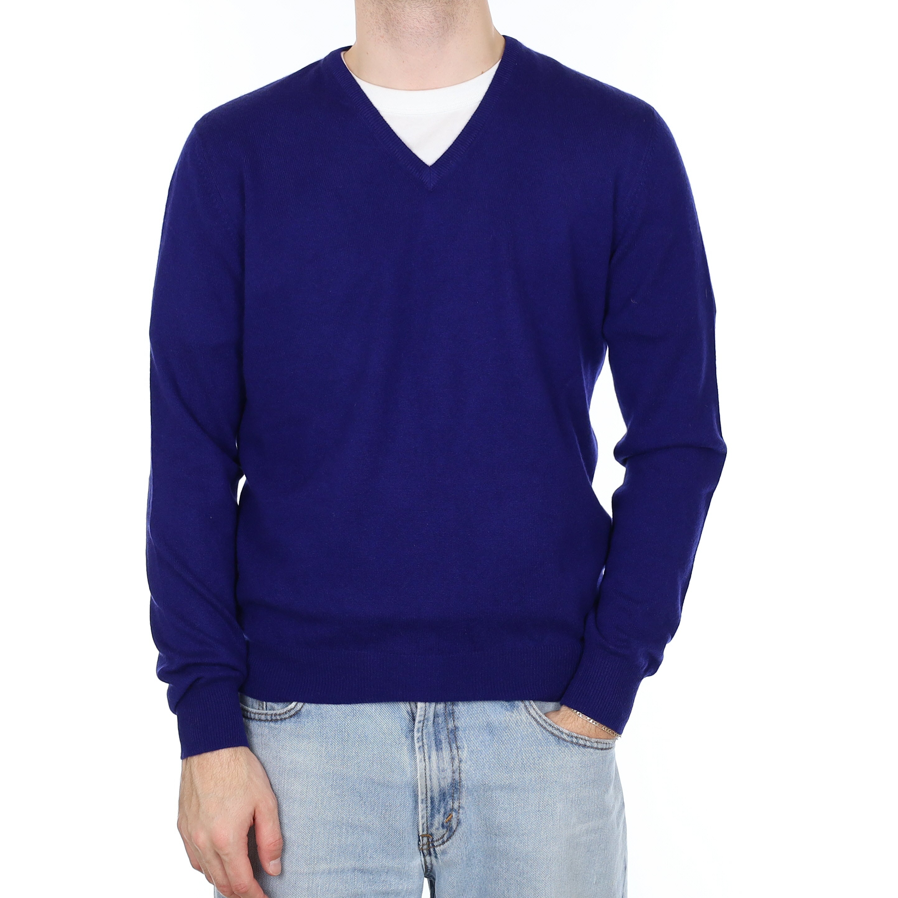 Men's Gran Sasso Indigo Blue Cashmere V Neck Jumper Large