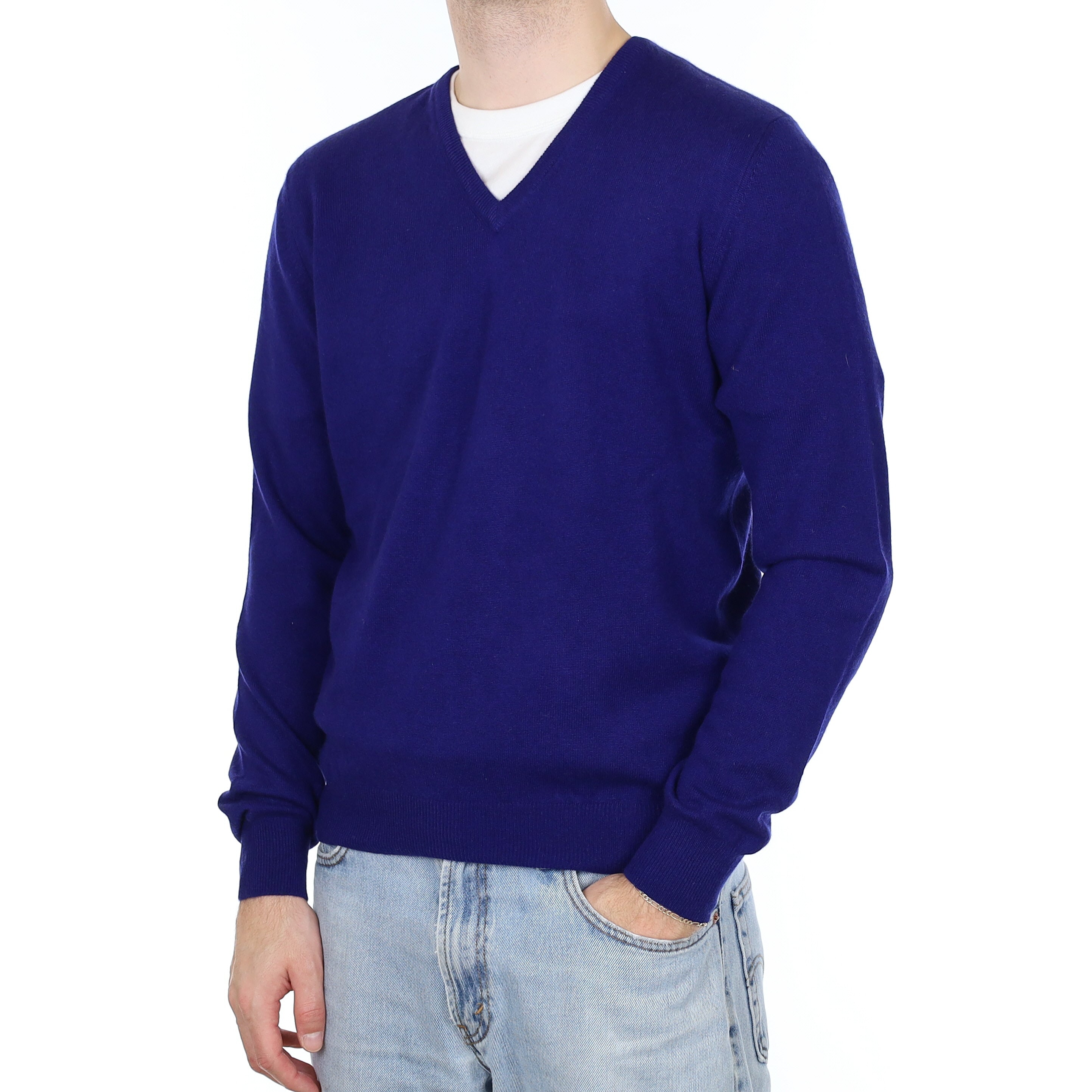 Men's Gran Sasso Indigo Blue Cashmere V Neck Jumper Large