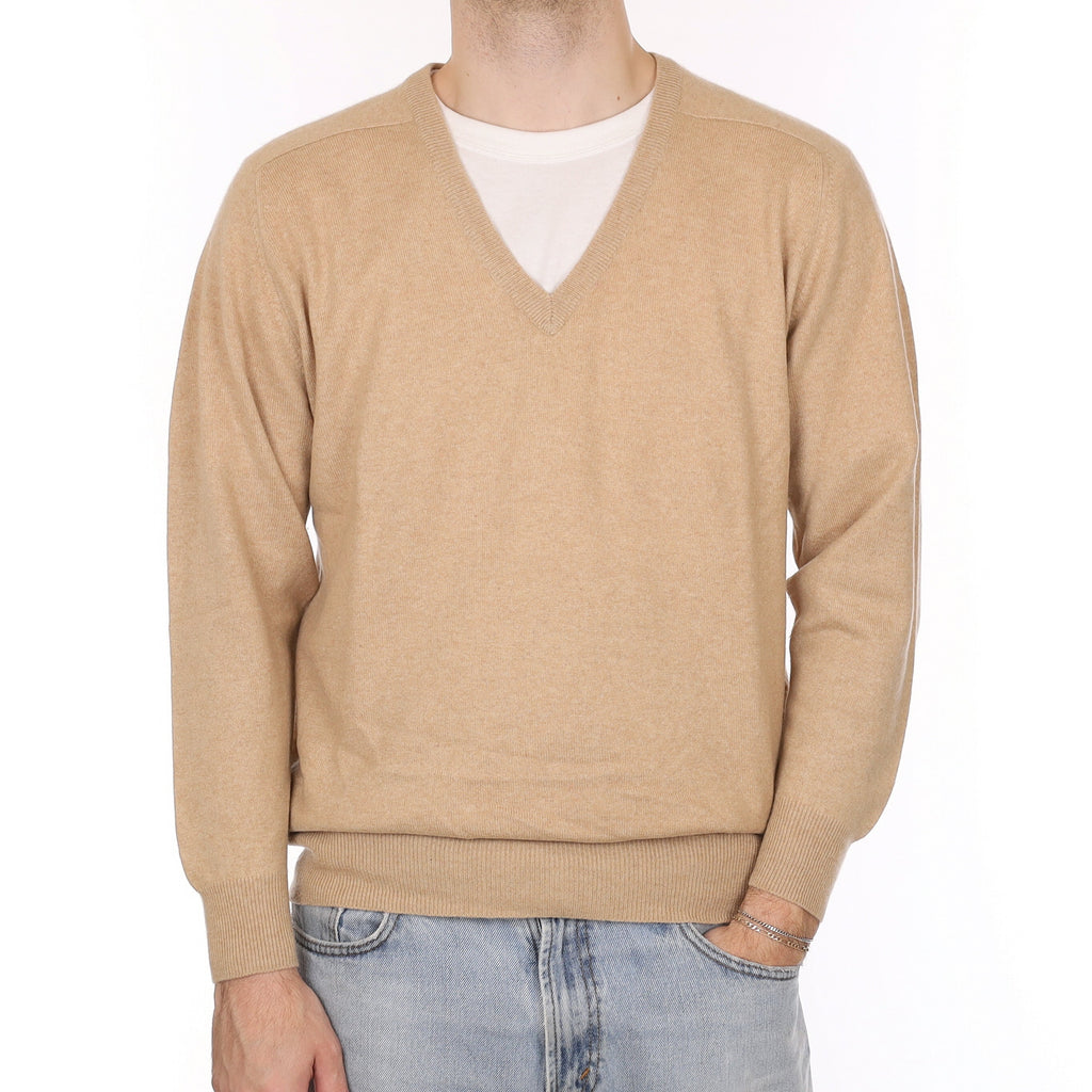 Men's Biscuit Beige Cashmere V Neck Jumper Large