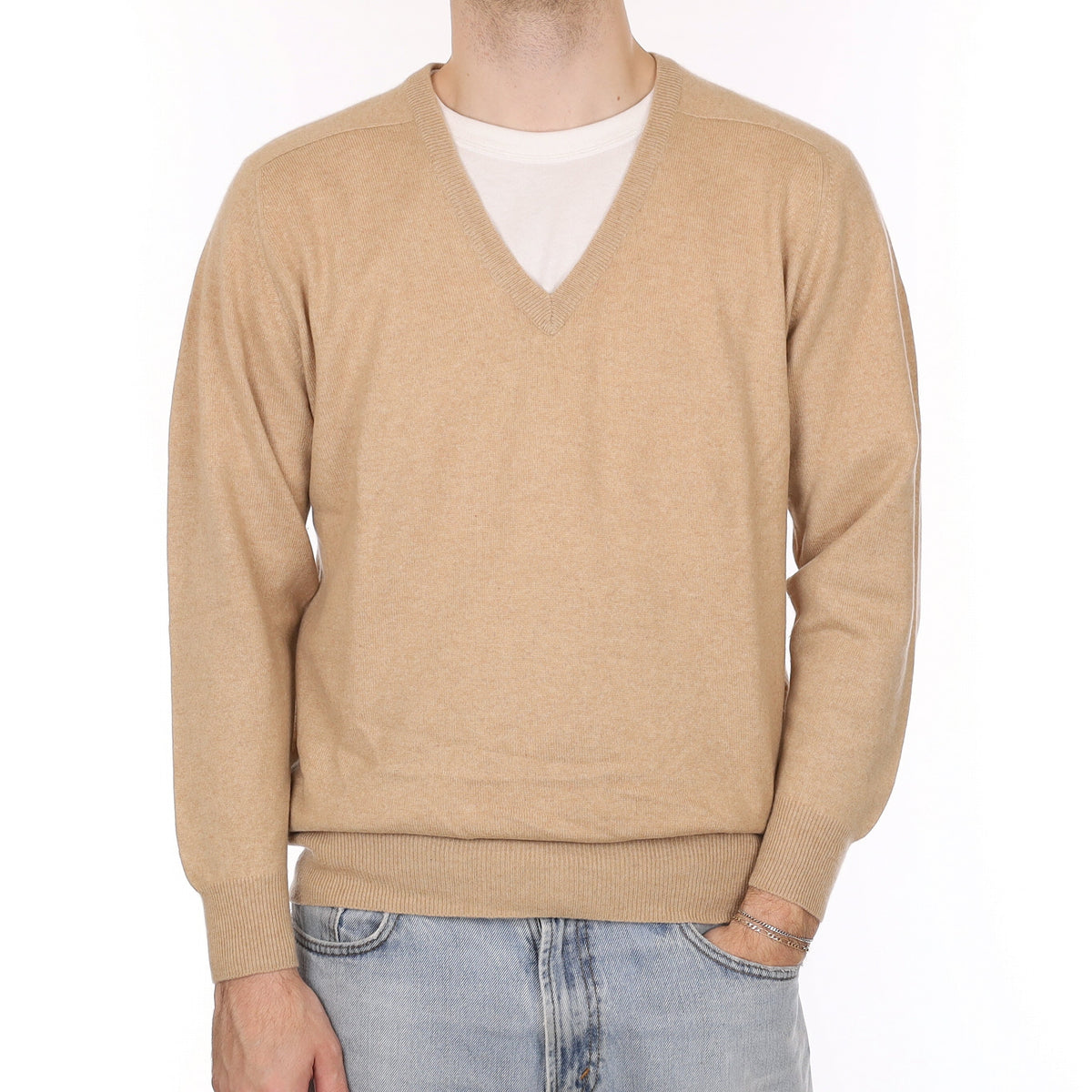 Men's Biscuit Beige Cashmere V Neck Jumper Large