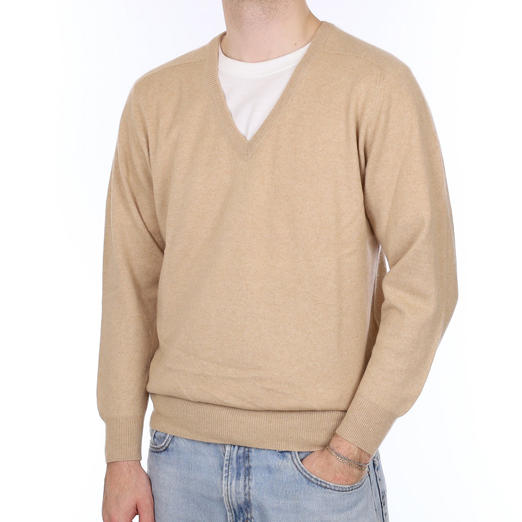 Men's Biscuit Beige Cashmere V Neck Jumper Large