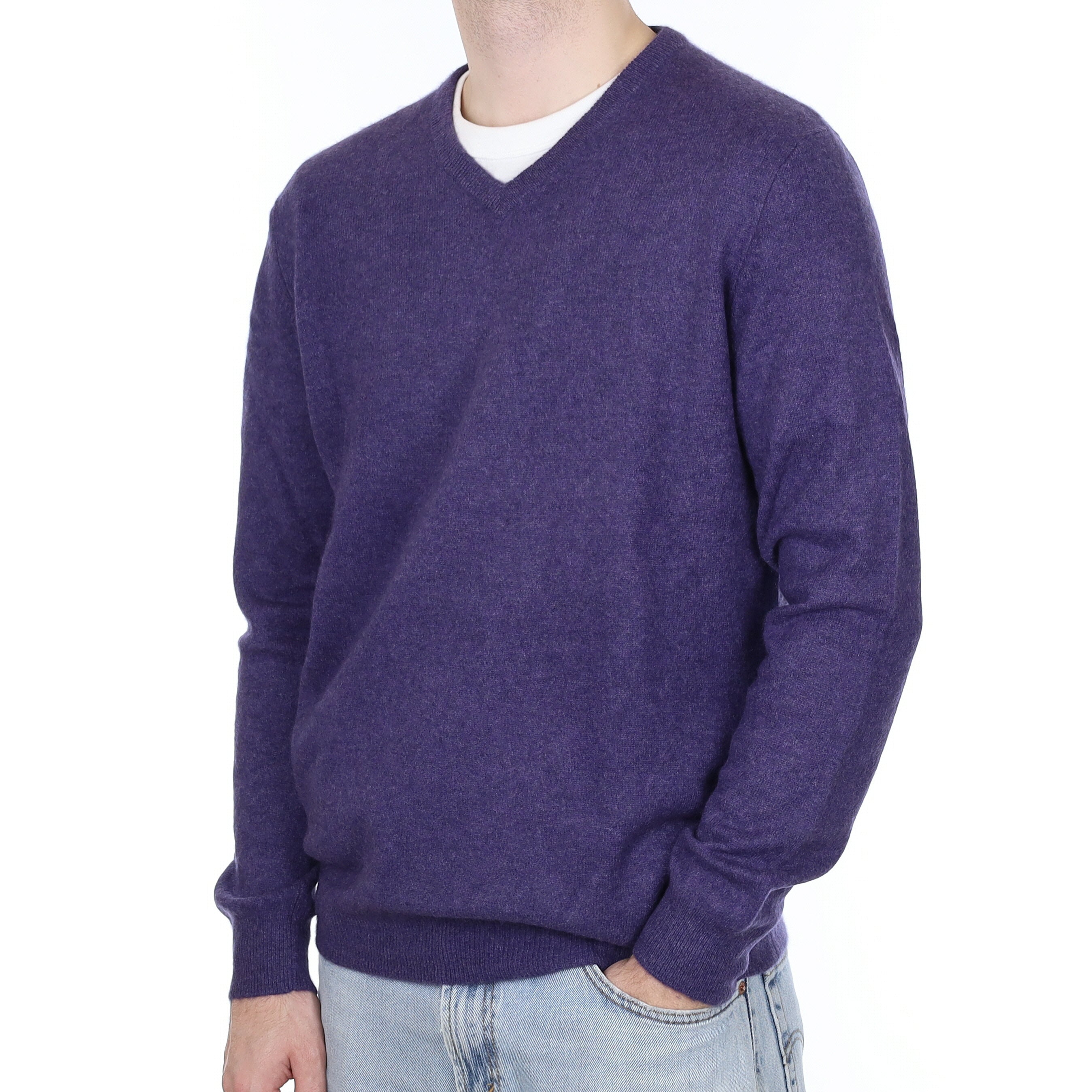 Men's Iris Purple Cashmere V Neck Jumper Large