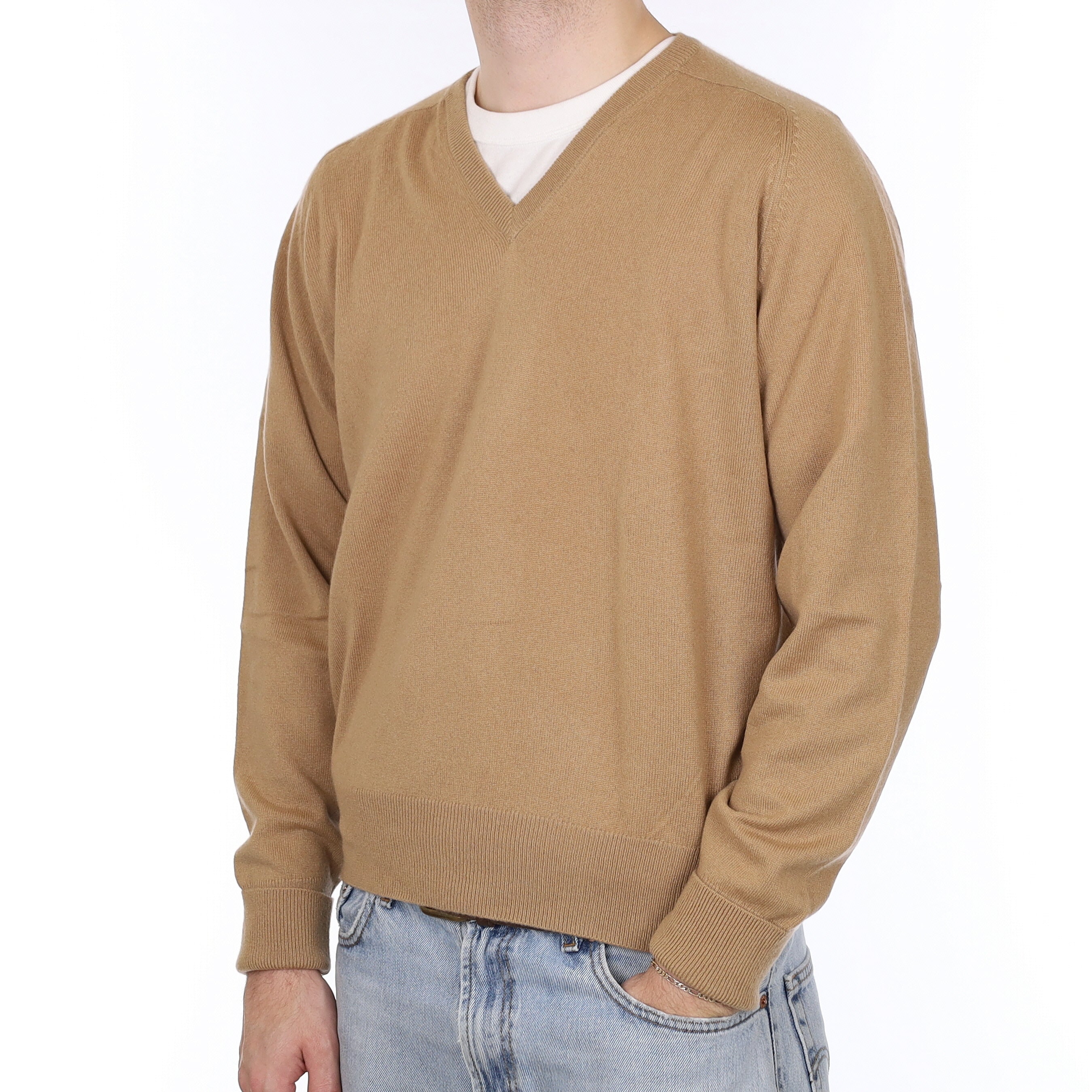 Men's Orvis Camel Brown Cashmere V Neck Jumper Large