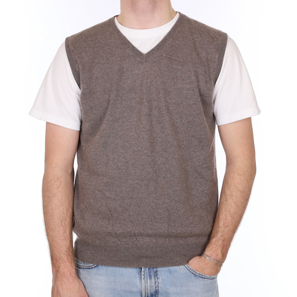 Men's Mink Brown Cashmere V Neck Tank Top Large