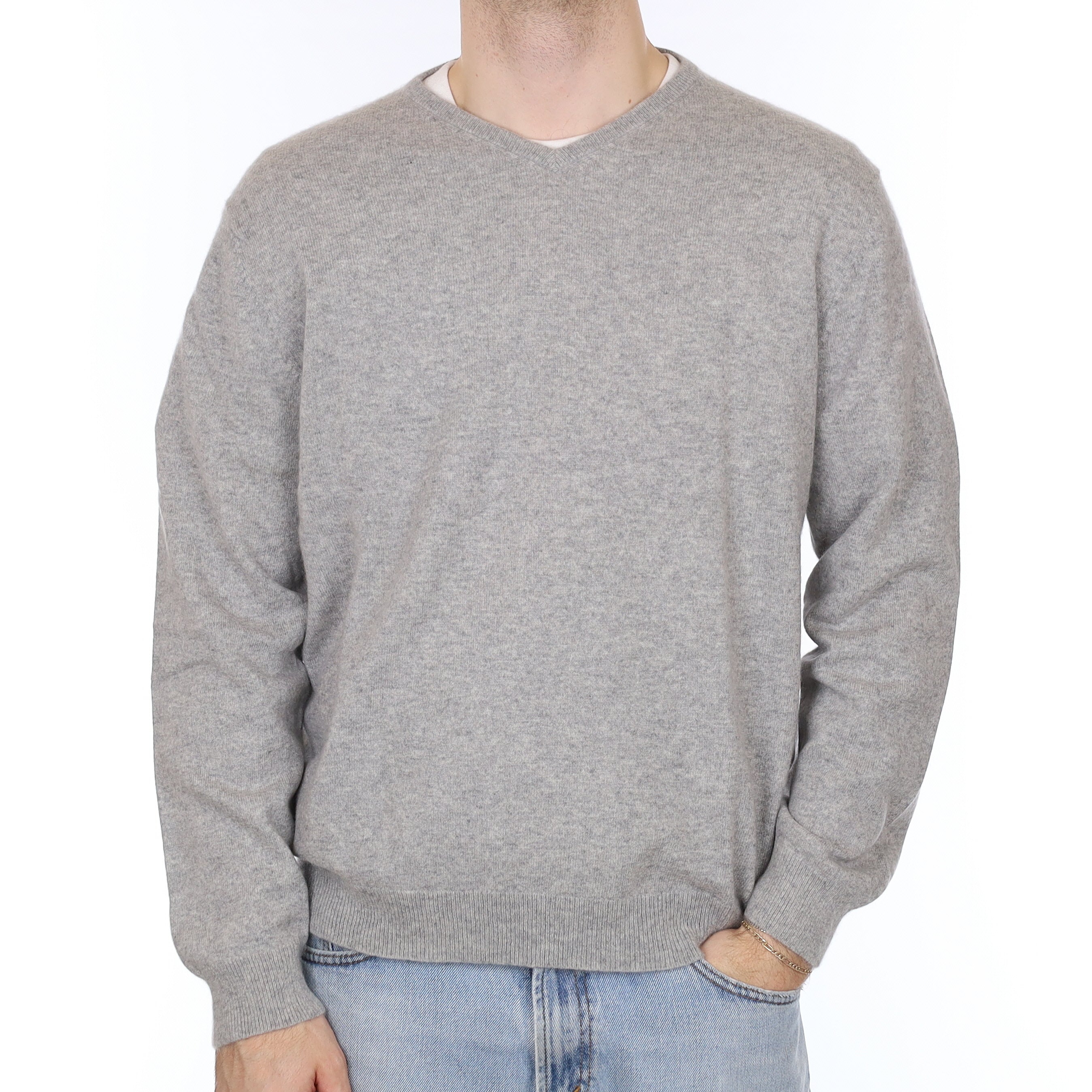Men's Smoke Grey Cashmere V Neck Jumper Large