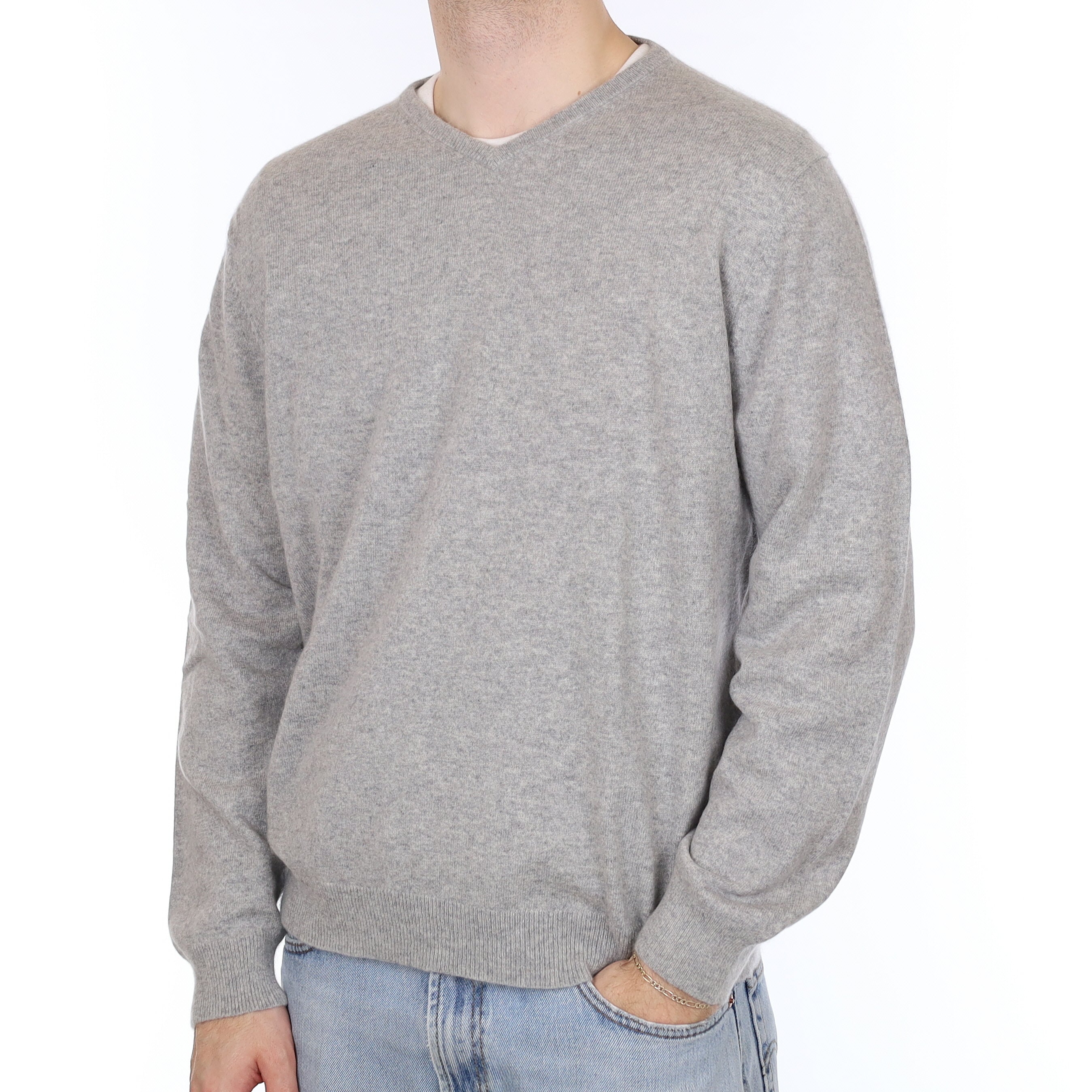 Men's Smoke Grey Cashmere V Neck Jumper Large