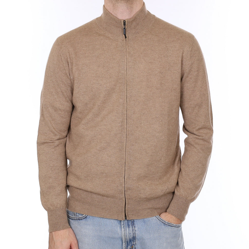 Men's Italian Taupe Brown Cashmere Zip Up Neck Cardigan Large