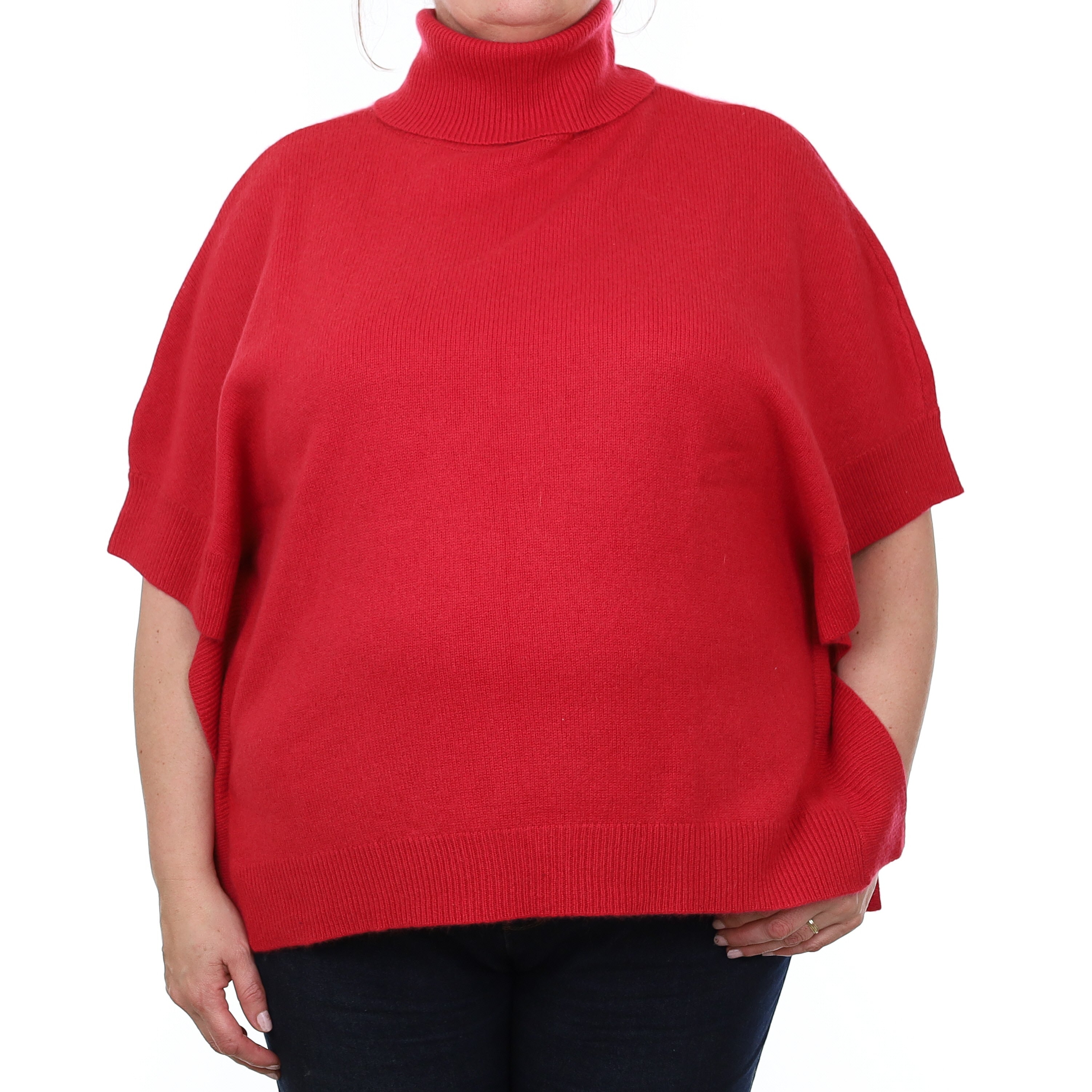 Cherry Red Cashmere Poncho Style Polo Neck Jumper Extra Large