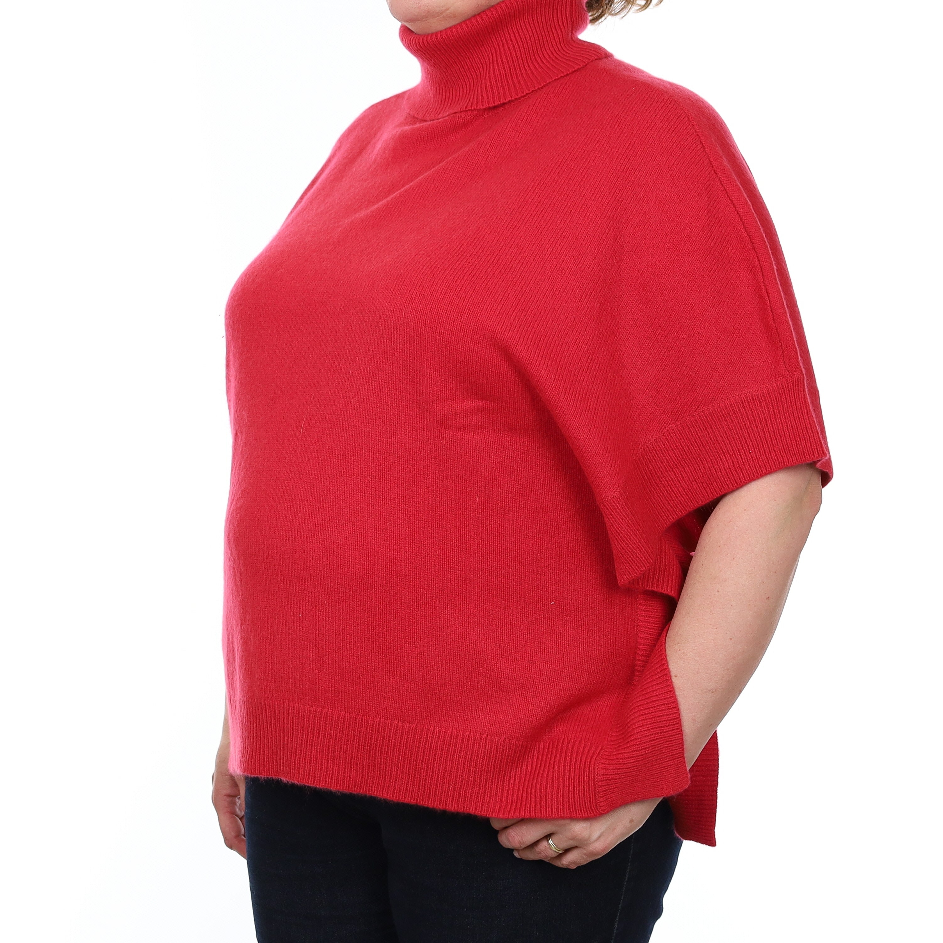 Cherry Red Cashmere Poncho Style Polo Neck Jumper Extra Large