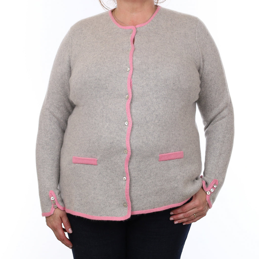 Mist Grey with Pink Trim Cashmere Crew Neck Jacket with Pockets Extra Large