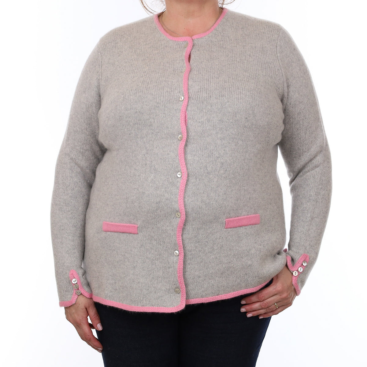 Mist Grey with Pink Trim Cashmere Crew Neck Jacket with Pockets Extra Large