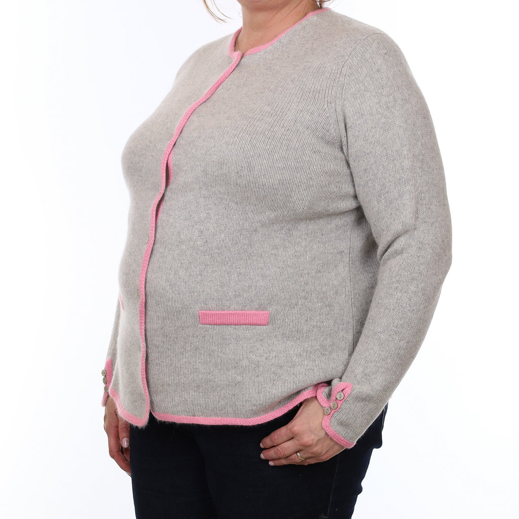 Mist Grey with Pink Trim Cashmere Crew Neck Jacket with Pockets Extra Large