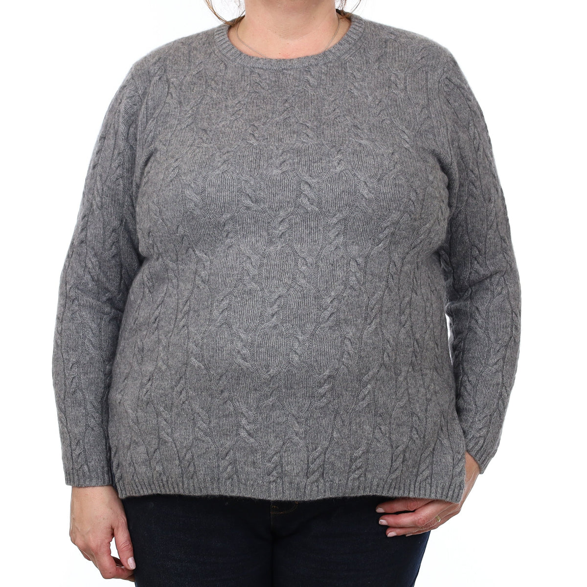 Ash Grey Chunky Cable Cashmere Crew Neck Jumper Extra Large