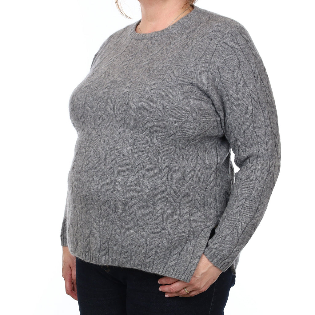 Ash Grey Chunky Cable Cashmere Crew Neck Jumper Extra Large