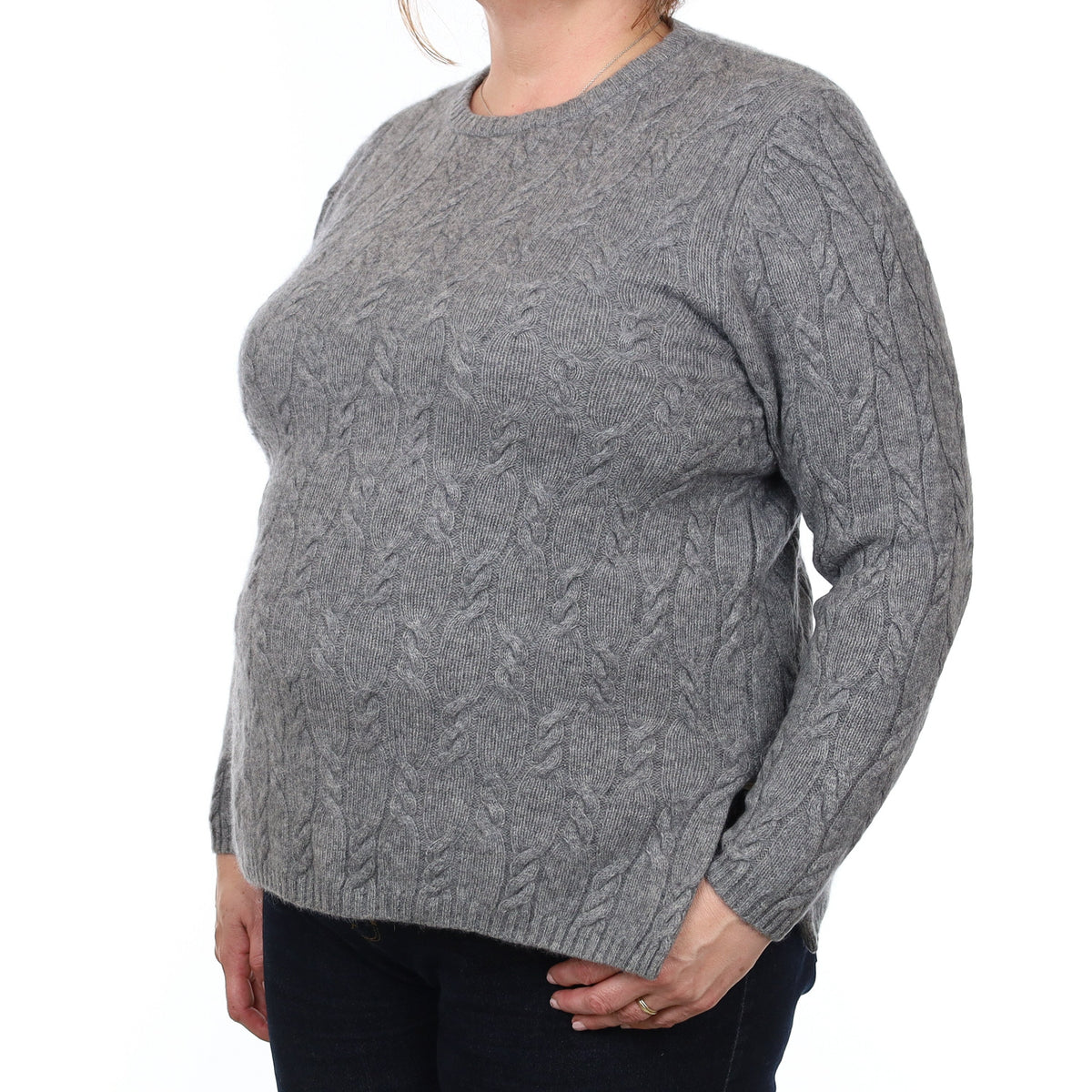 Ash Grey Chunky Cable Cashmere Crew Neck Jumper Extra Large