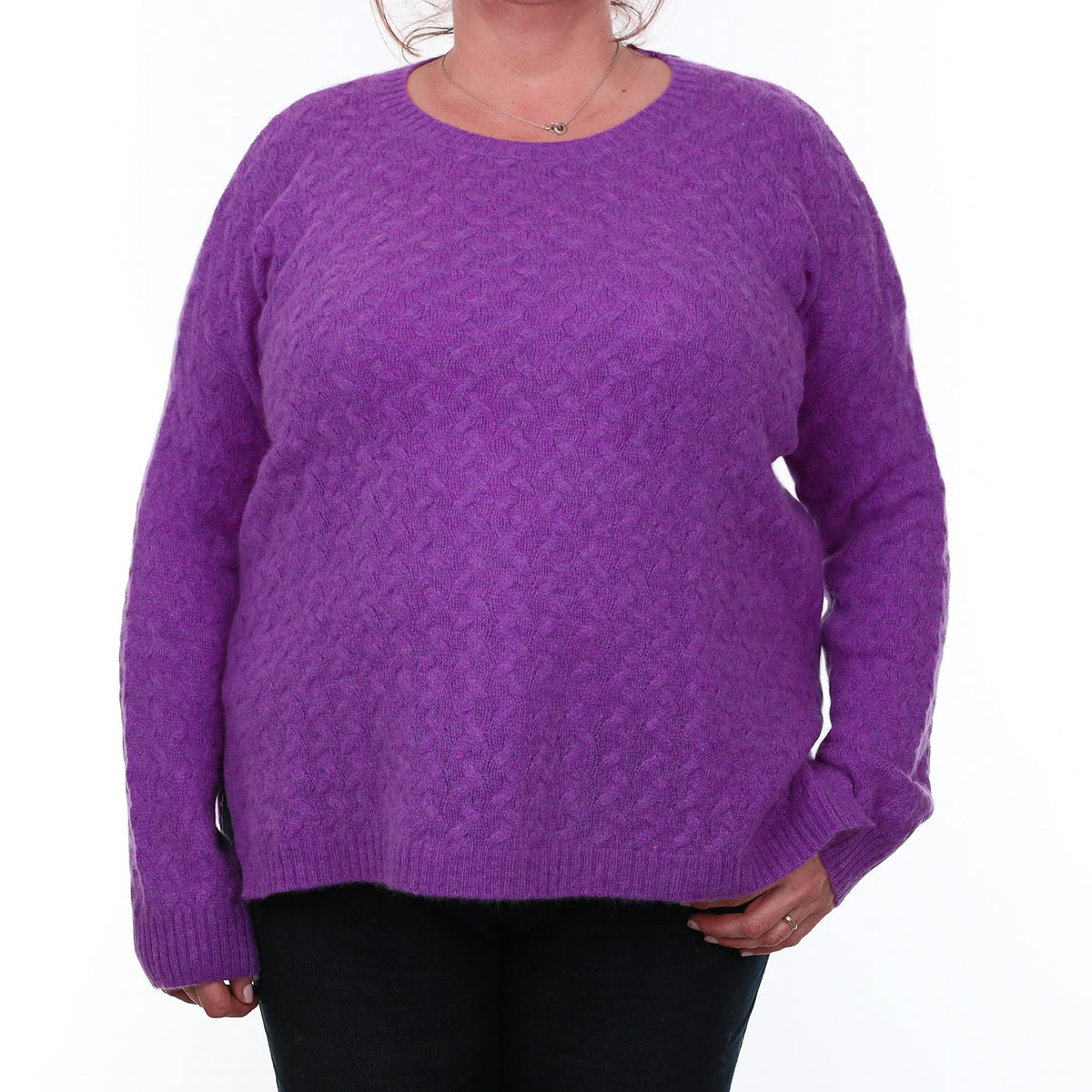 Violet Purple Chunky Cable Cashmere Crew Neck Jumper XXL