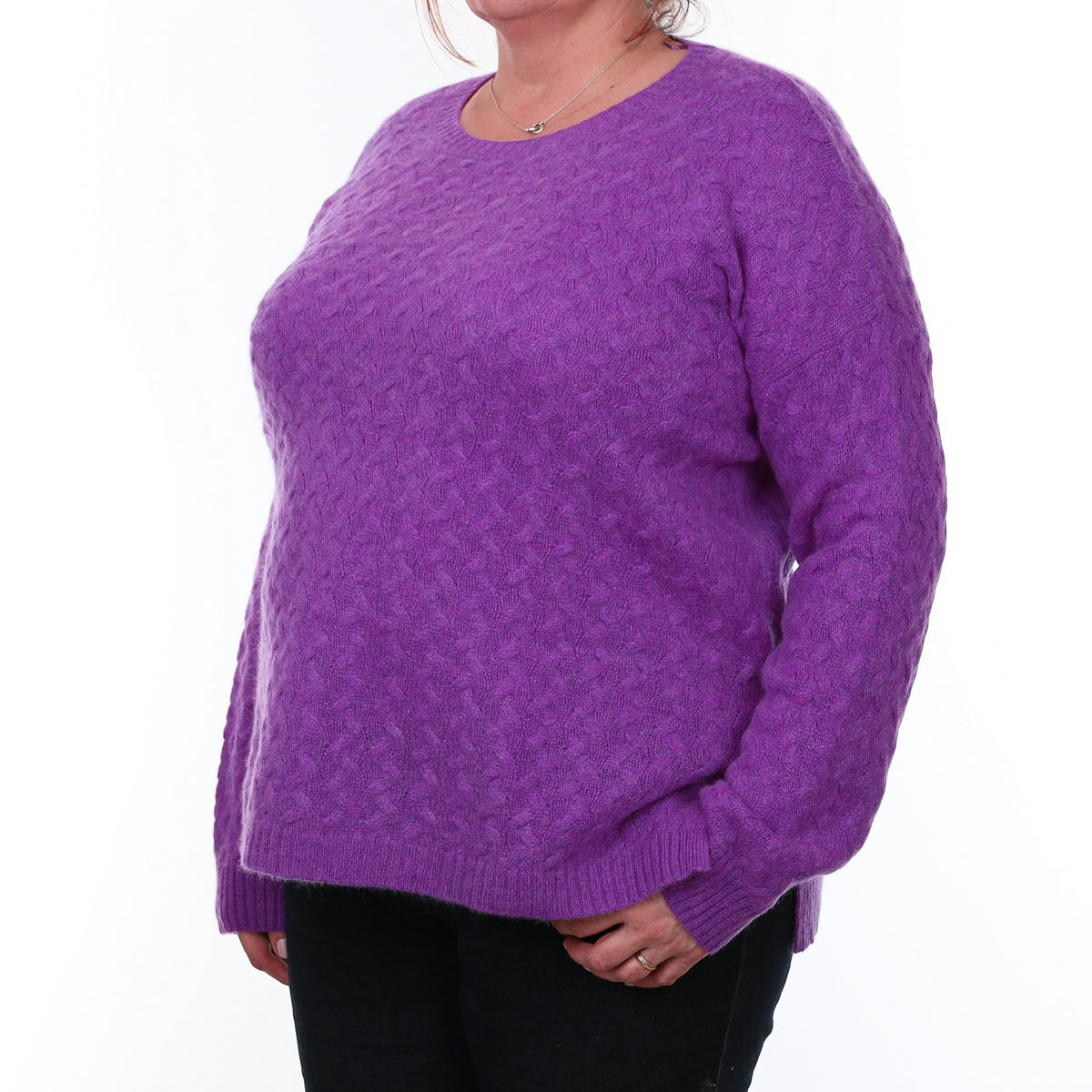 Violet Purple Chunky Cable Cashmere Crew Neck Jumper XXL
