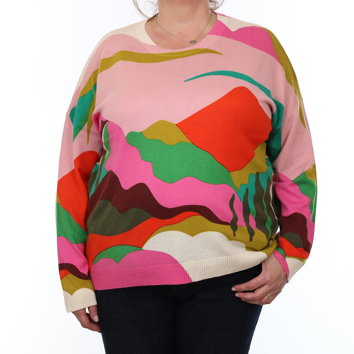 Vibrant Multicolour Mountain Scene Cashmere Crew Neck Jumper XXL