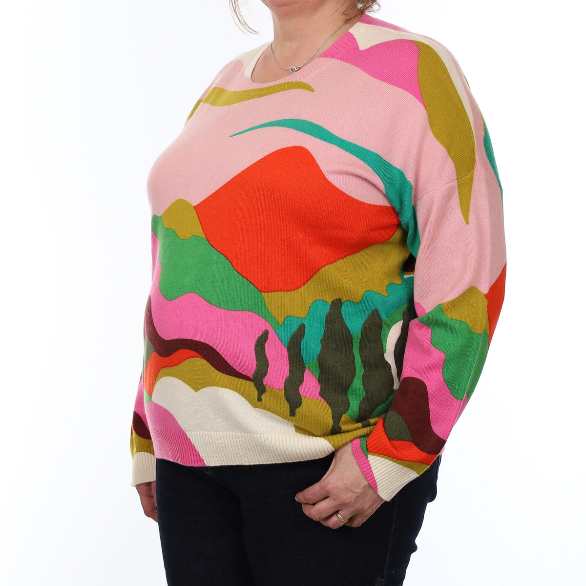 Vibrant Multicolour Mountain Scene Cashmere Crew Neck Jumper XXL
