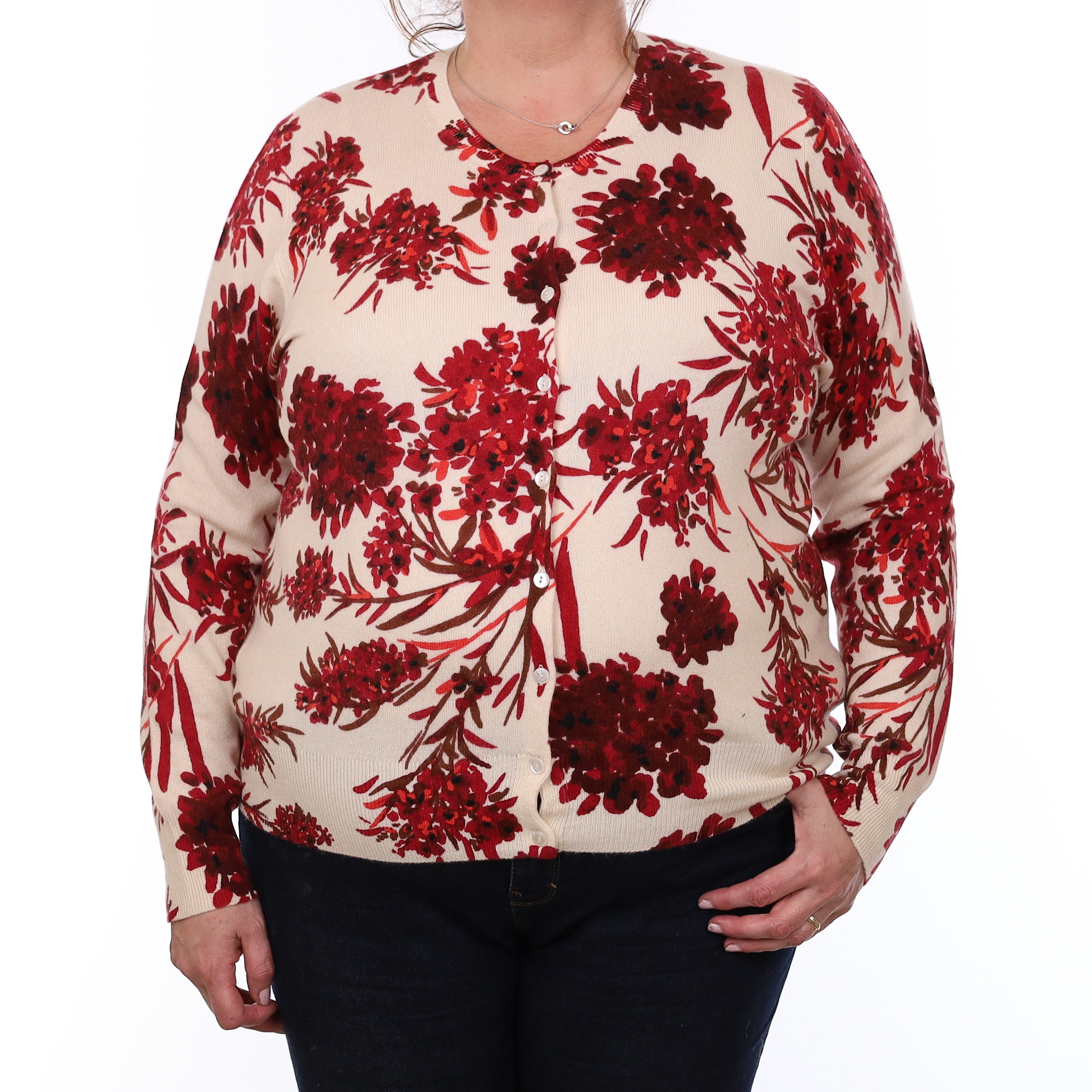 Ivory and Crimson Red Floral Cashmere Crew Neck Cardigan XXL