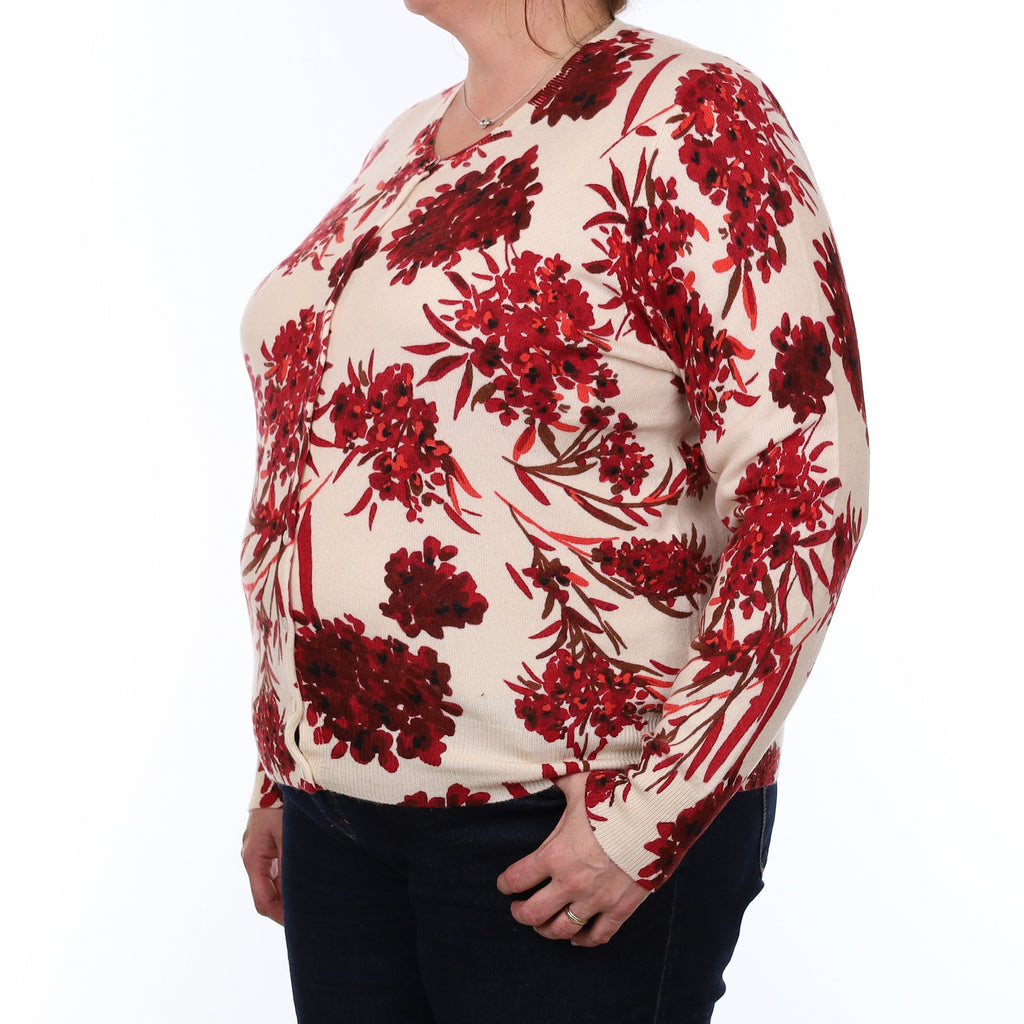 Ivory and Crimson Red Floral Cashmere Crew Neck Cardigan XXL
