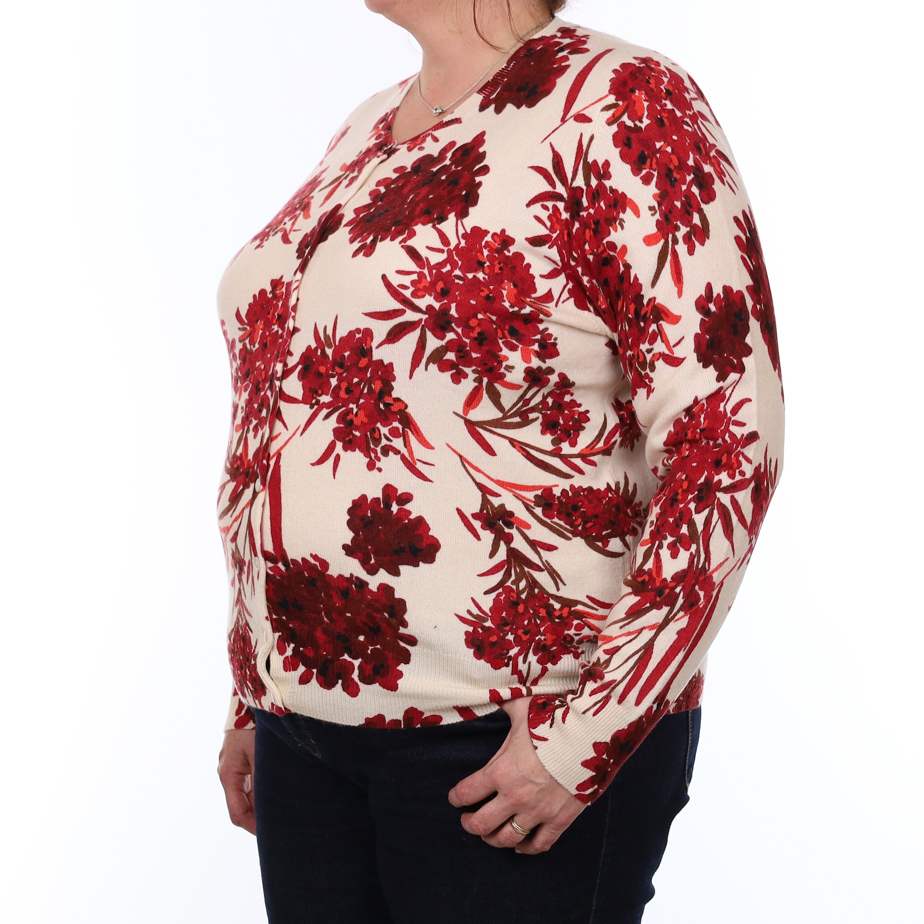 Ivory and Crimson Red Floral Cashmere Crew Neck Cardigan XXL