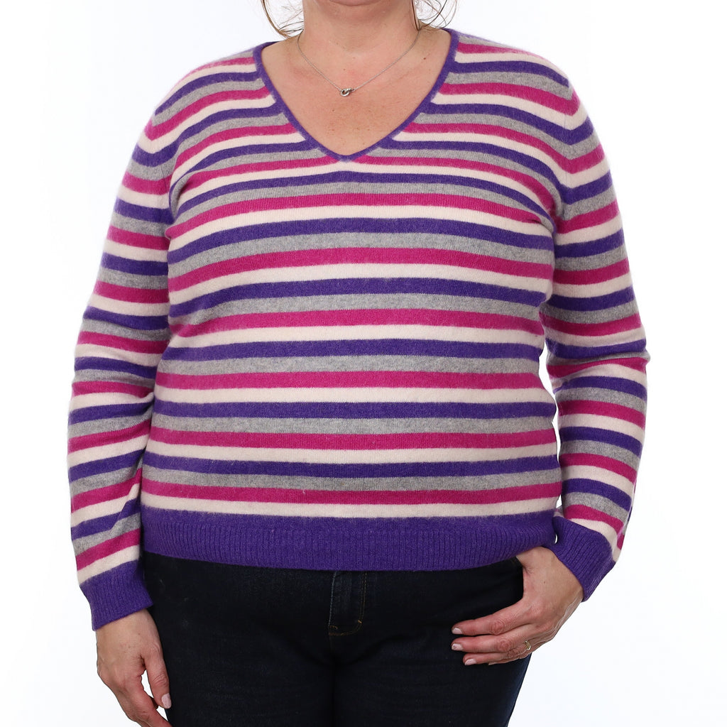 Purple and Pink Stripe Cashmere V Neck Jumper Extra Large