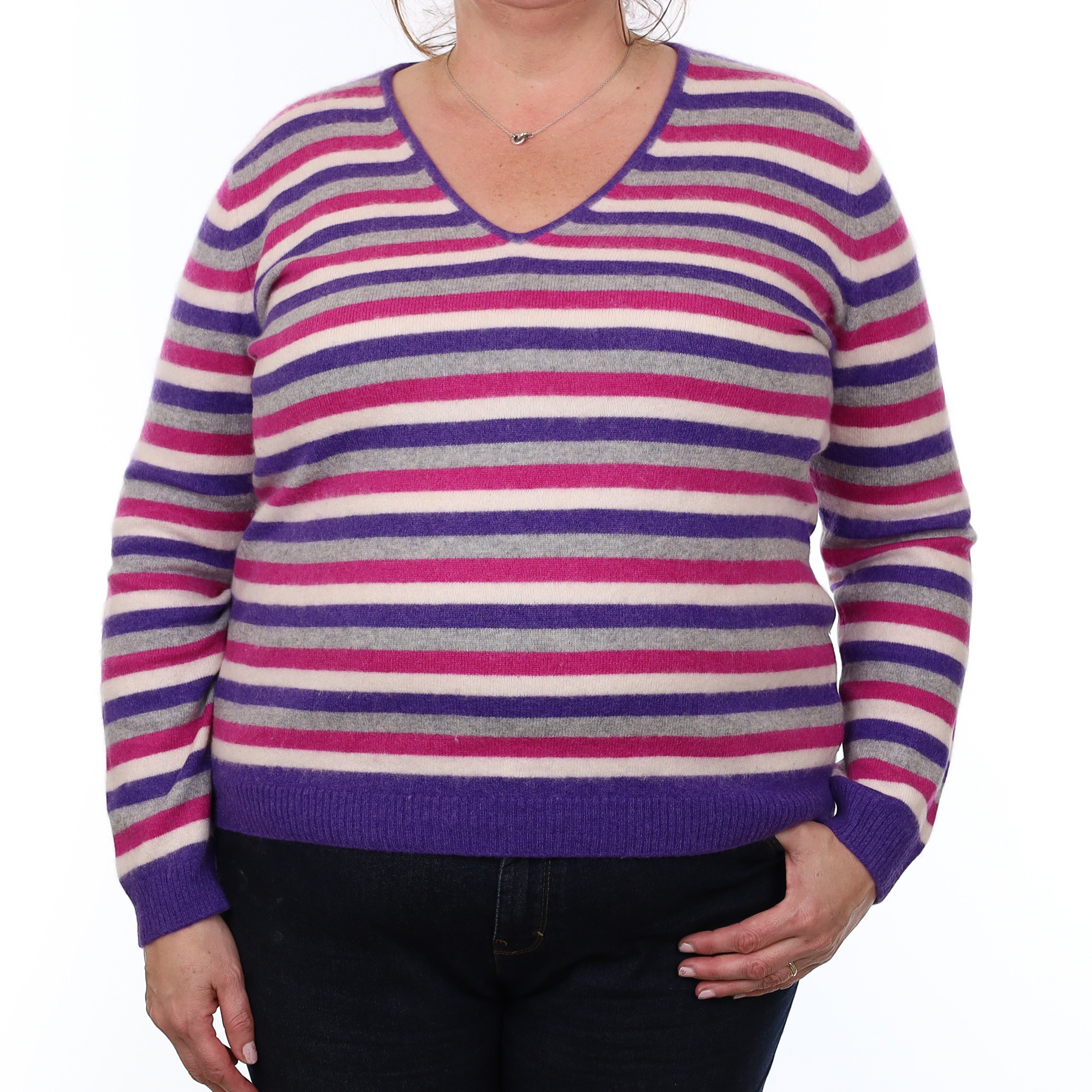 Purple and Pink Stripe Cashmere V Neck Jumper Extra Large