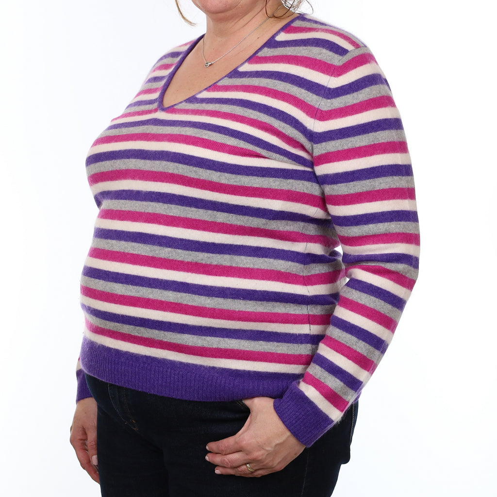 Purple and Pink Stripe Cashmere V Neck Jumper Extra Large
