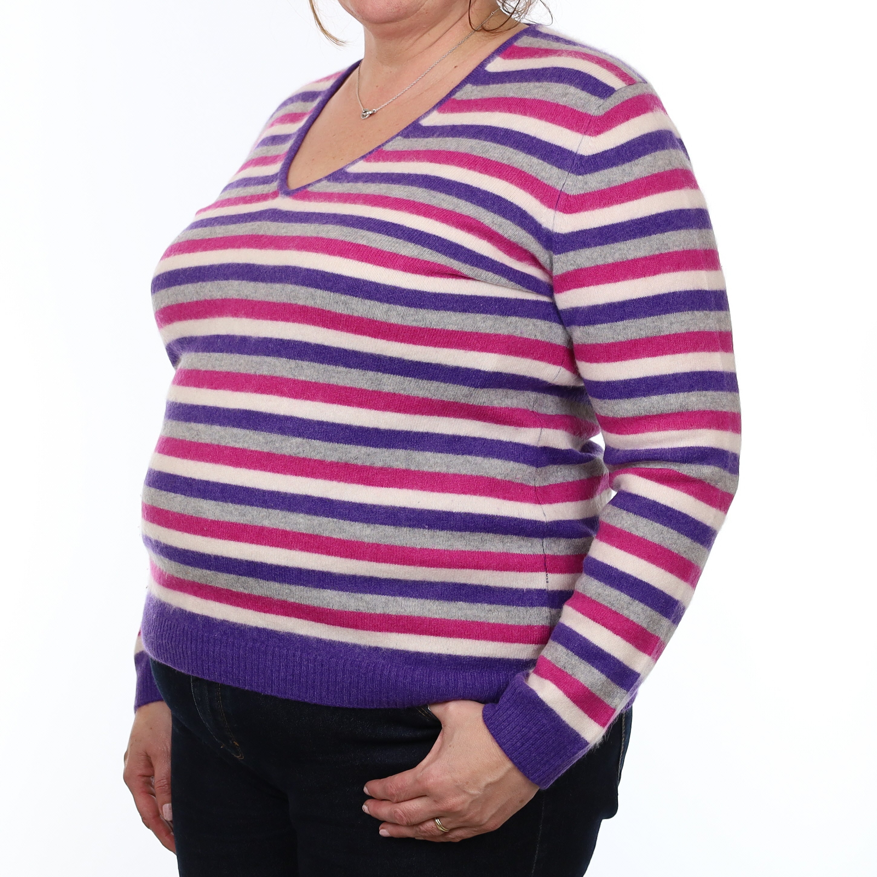 Purple and Pink Stripe Cashmere V Neck Jumper Extra Large