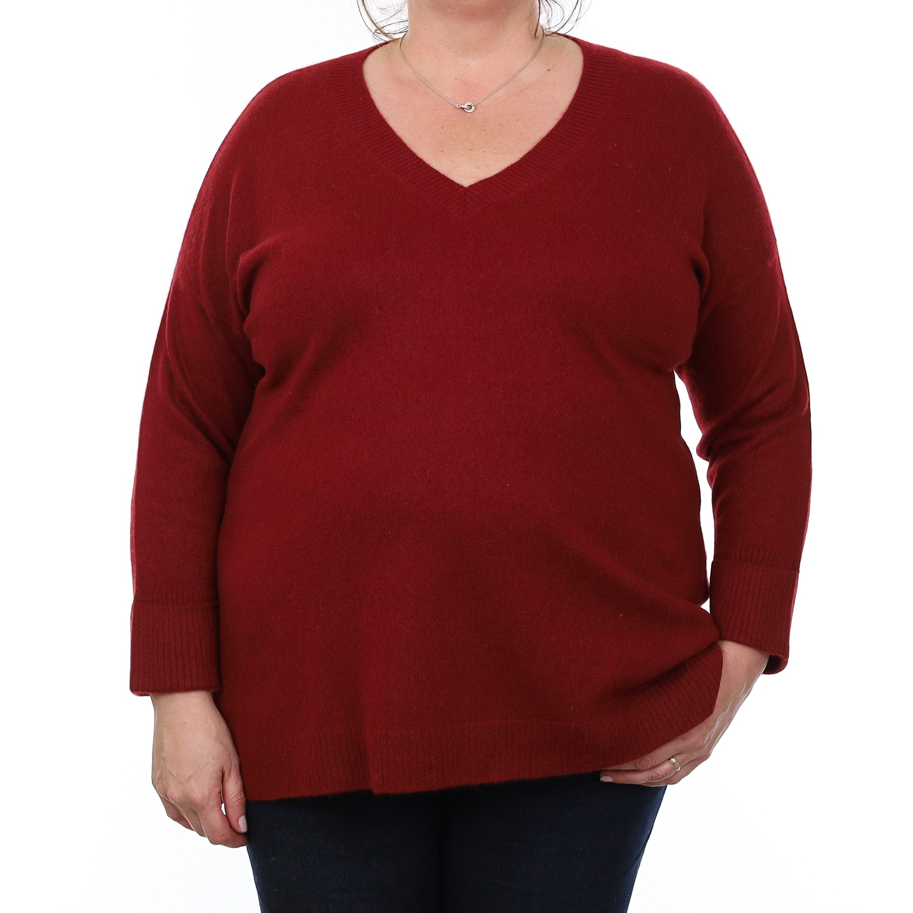 Burundy Red Cashmere 3/4 Sleeve V Neck Jumper Extra Large
