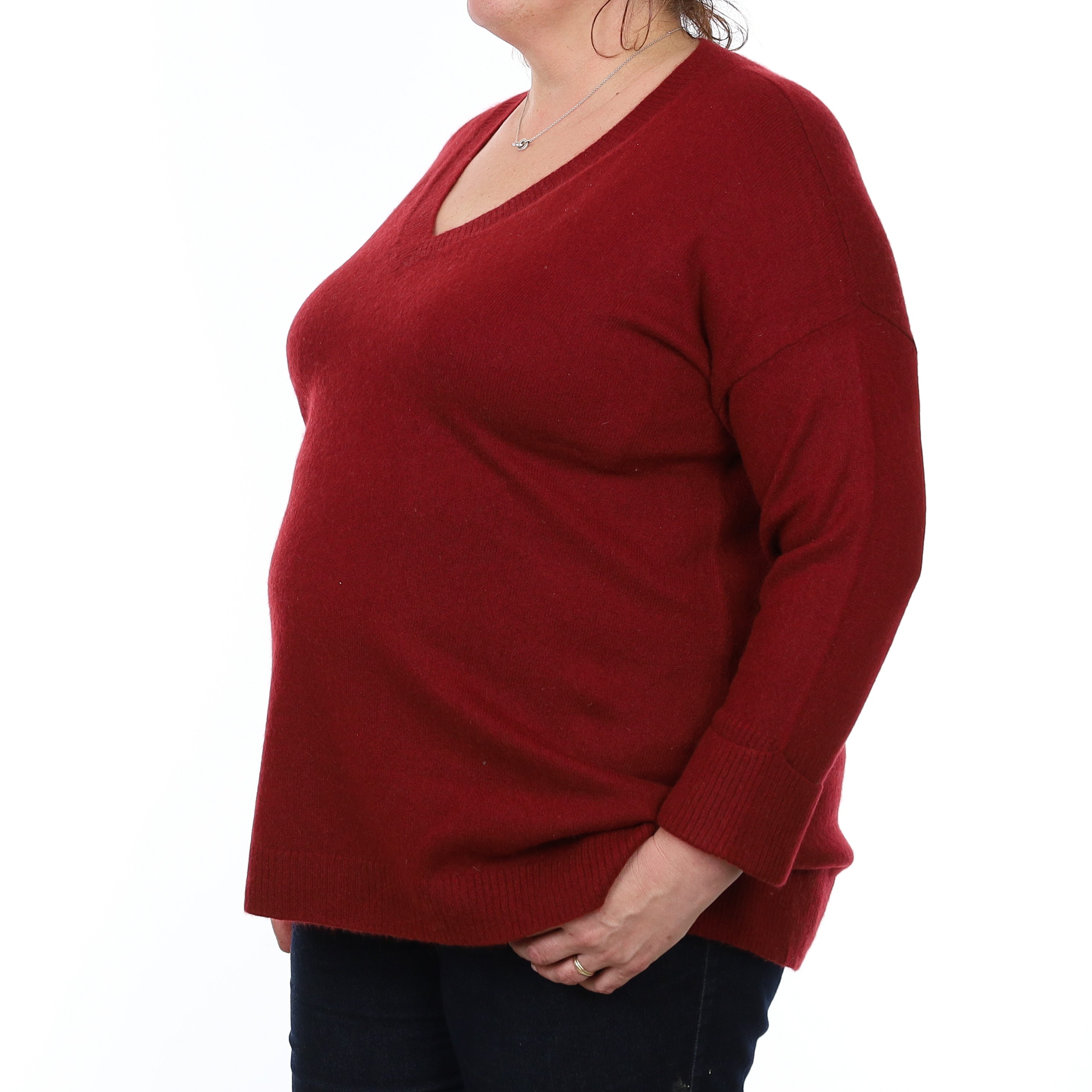 Burundy Red Cashmere 3/4 Sleeve V Neck Jumper Extra Large