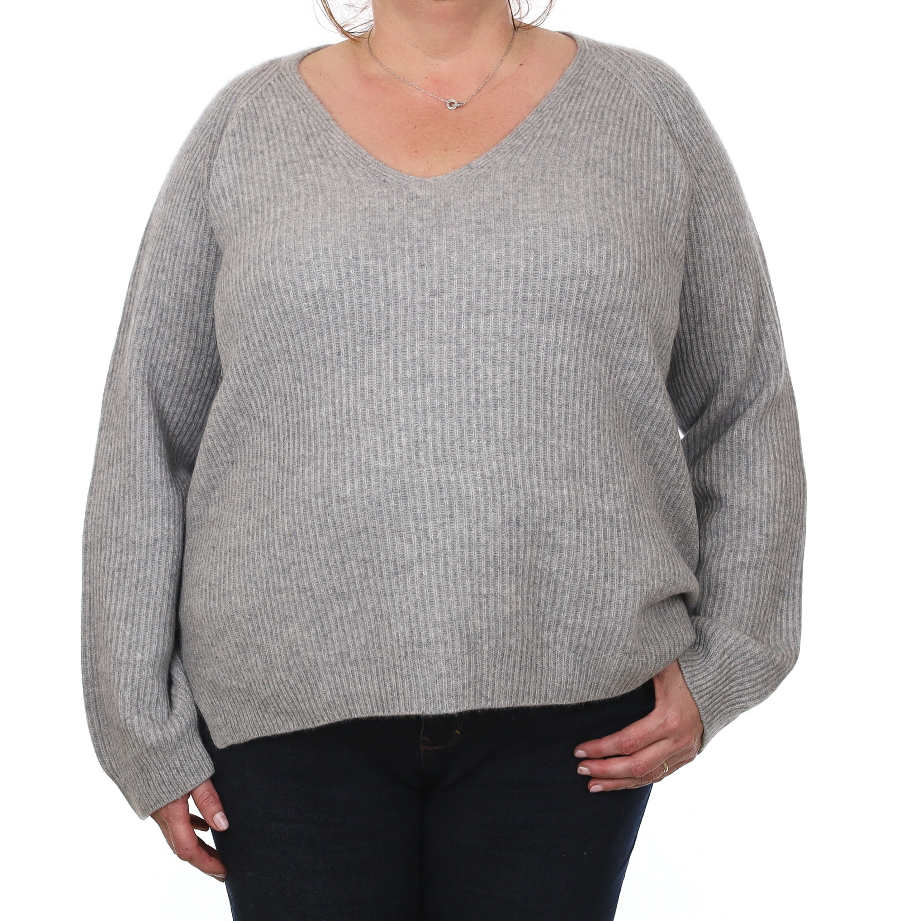 Smoke Grey Chunky Rib Cashmere V Neck Jumper Extra Large