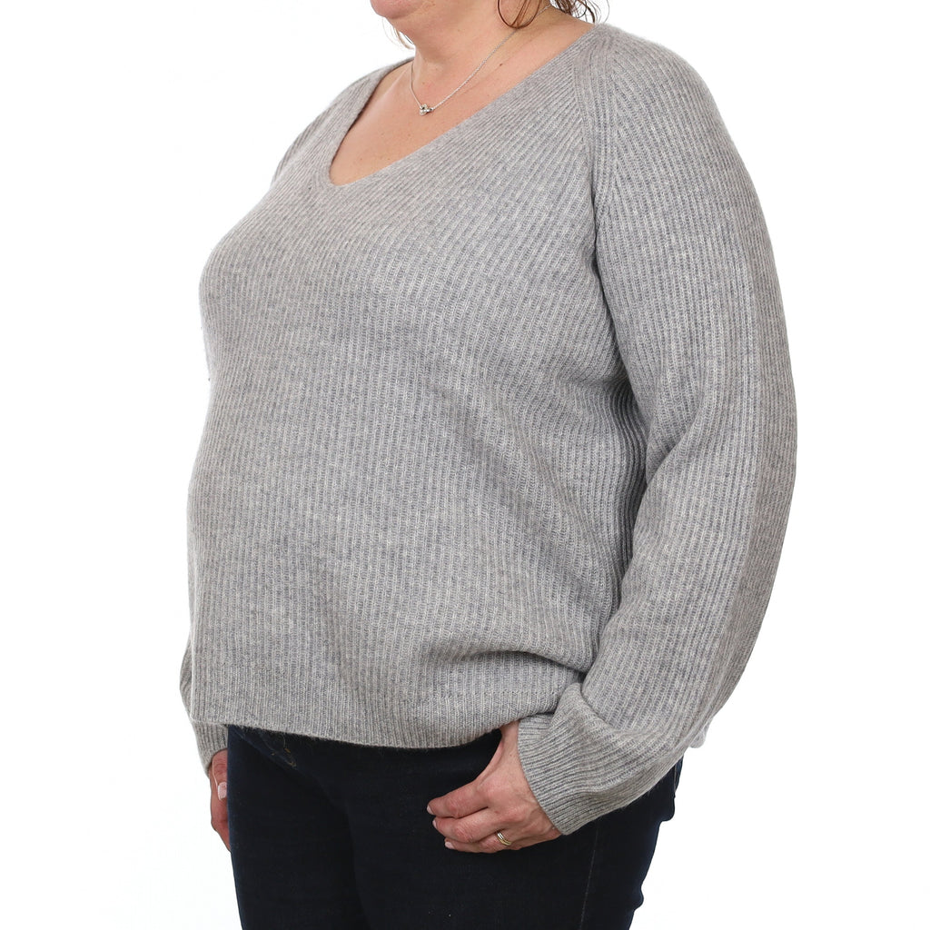 Smoke Grey Chunky Rib Cashmere V Neck Jumper Extra Large