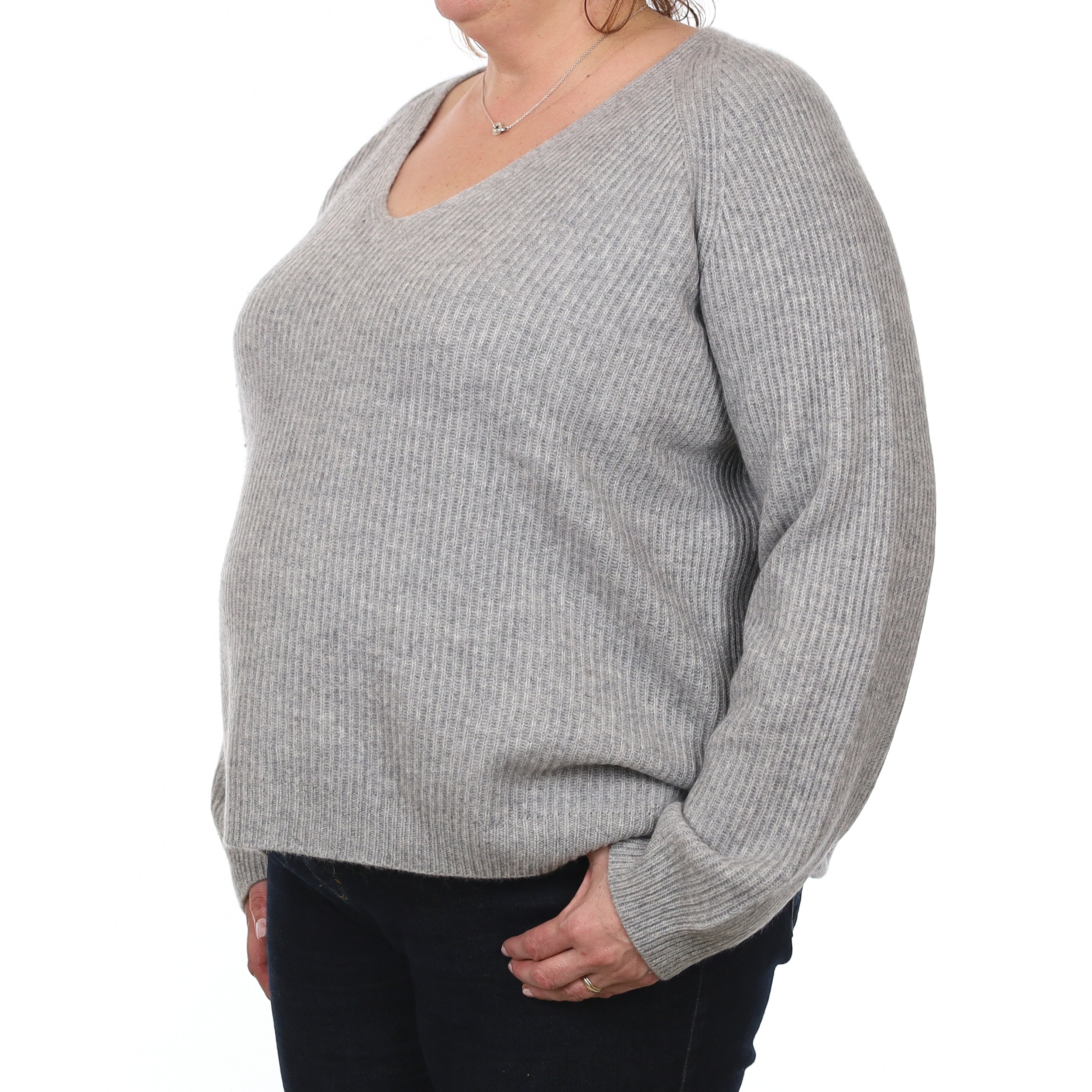 Smoke Grey Chunky Rib Cashmere V Neck Jumper Extra Large