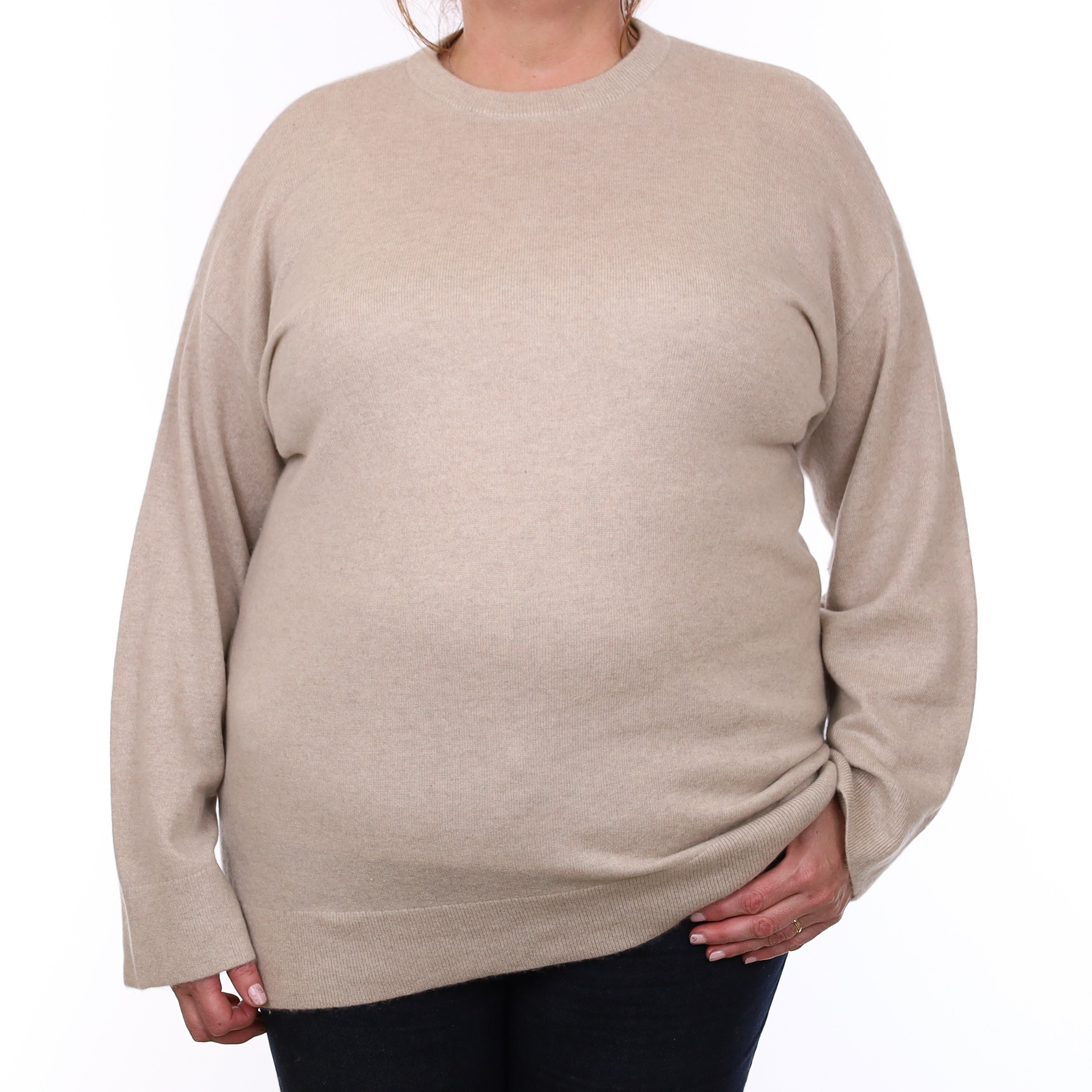 Oatmeal Beige Cashmere Slouchy Crew Neck Jumper Extra Large