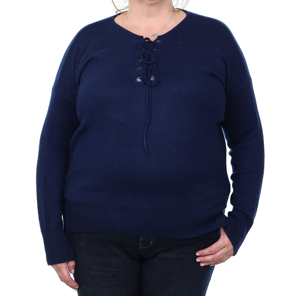 Navy Heavy Knit Cashmere Lace Up Crew Neck Jumper Extra Large