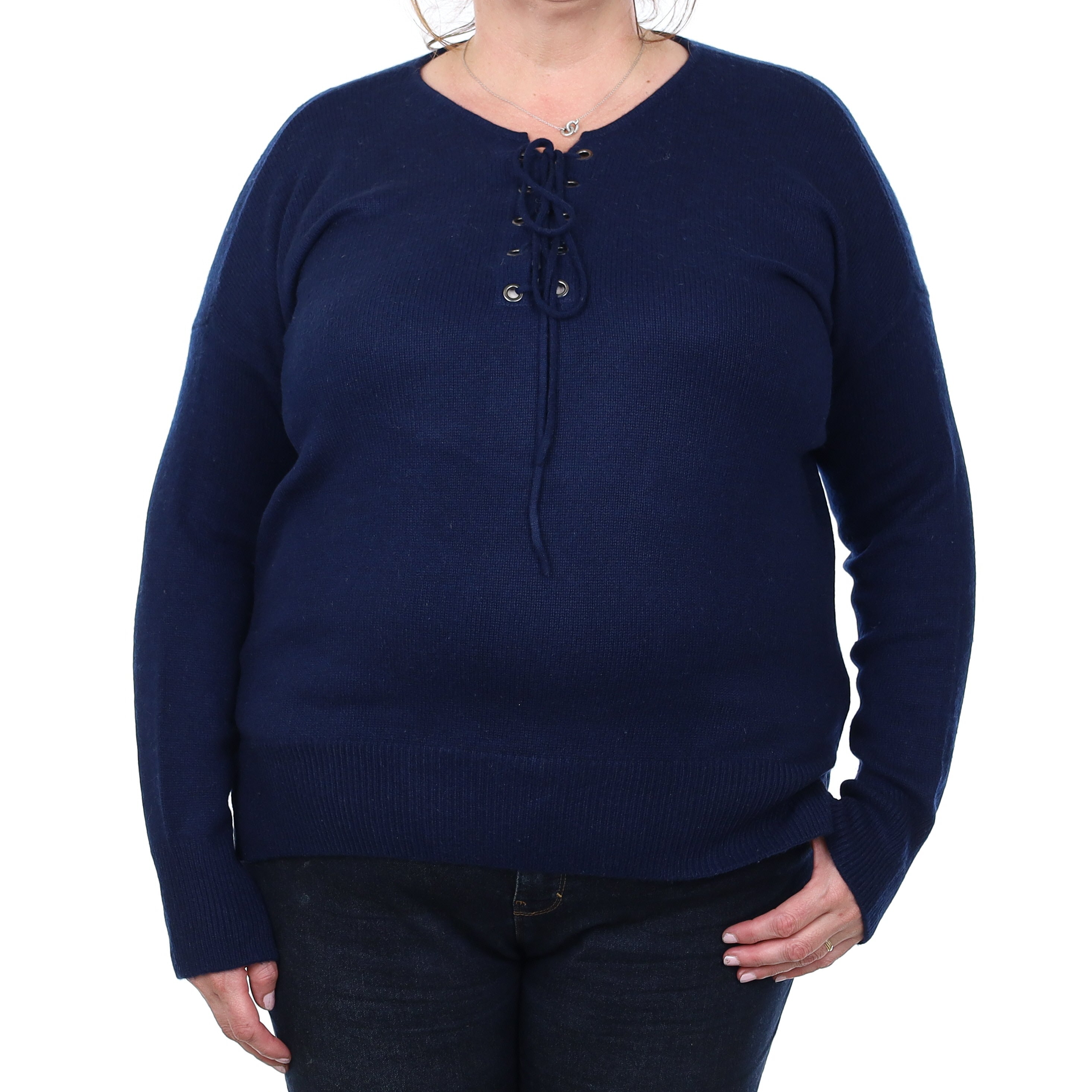 Navy Heavy Knit Cashmere Lace Up Crew Neck Jumper Extra Large