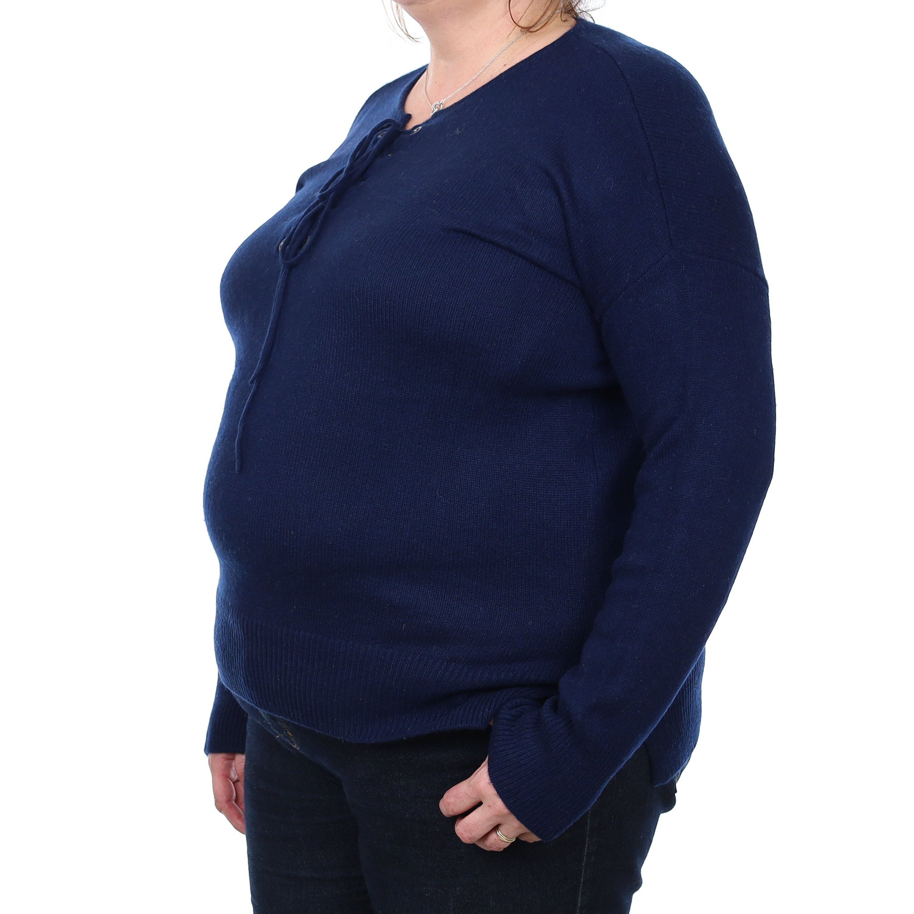 Navy Heavy Knit Cashmere Lace Up Crew Neck Jumper Extra Large