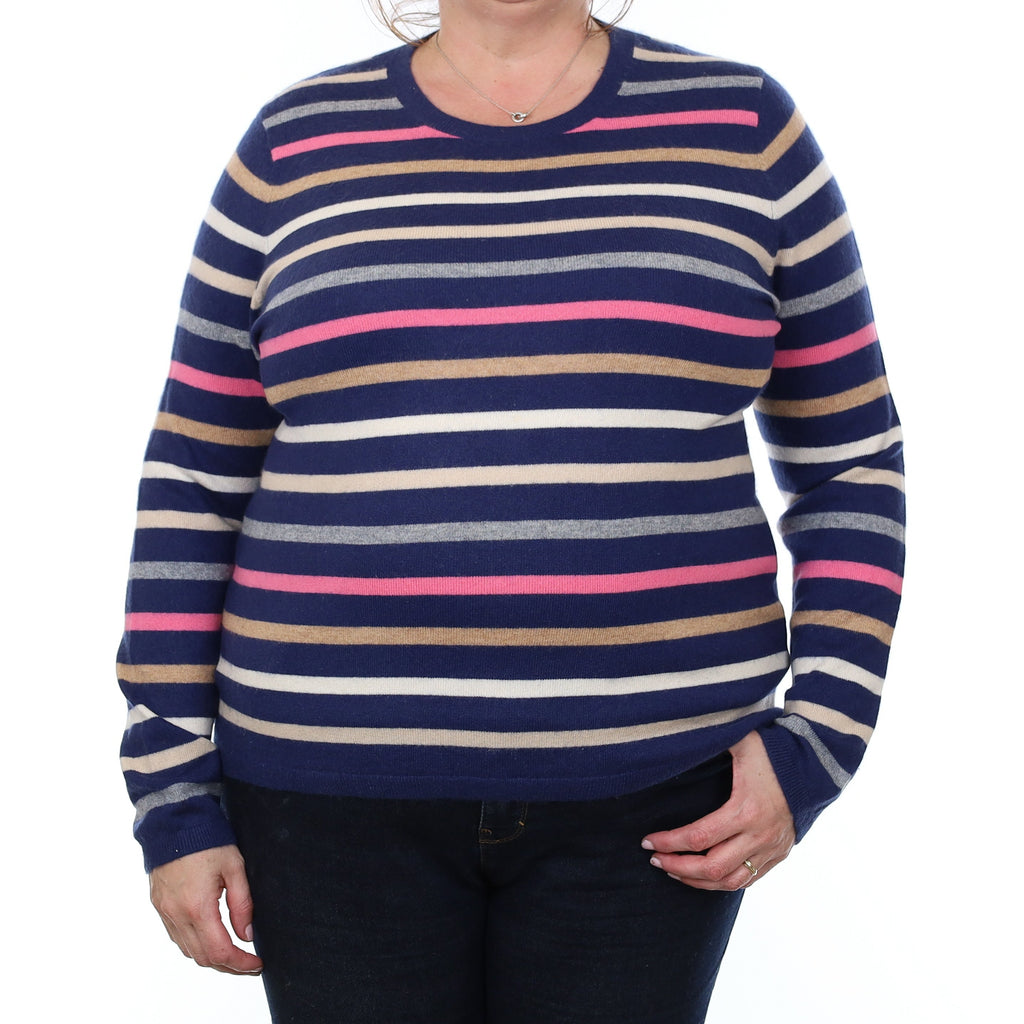 Navy and Pink Stripe Cashmere Crew Neck Jumper Extra Large