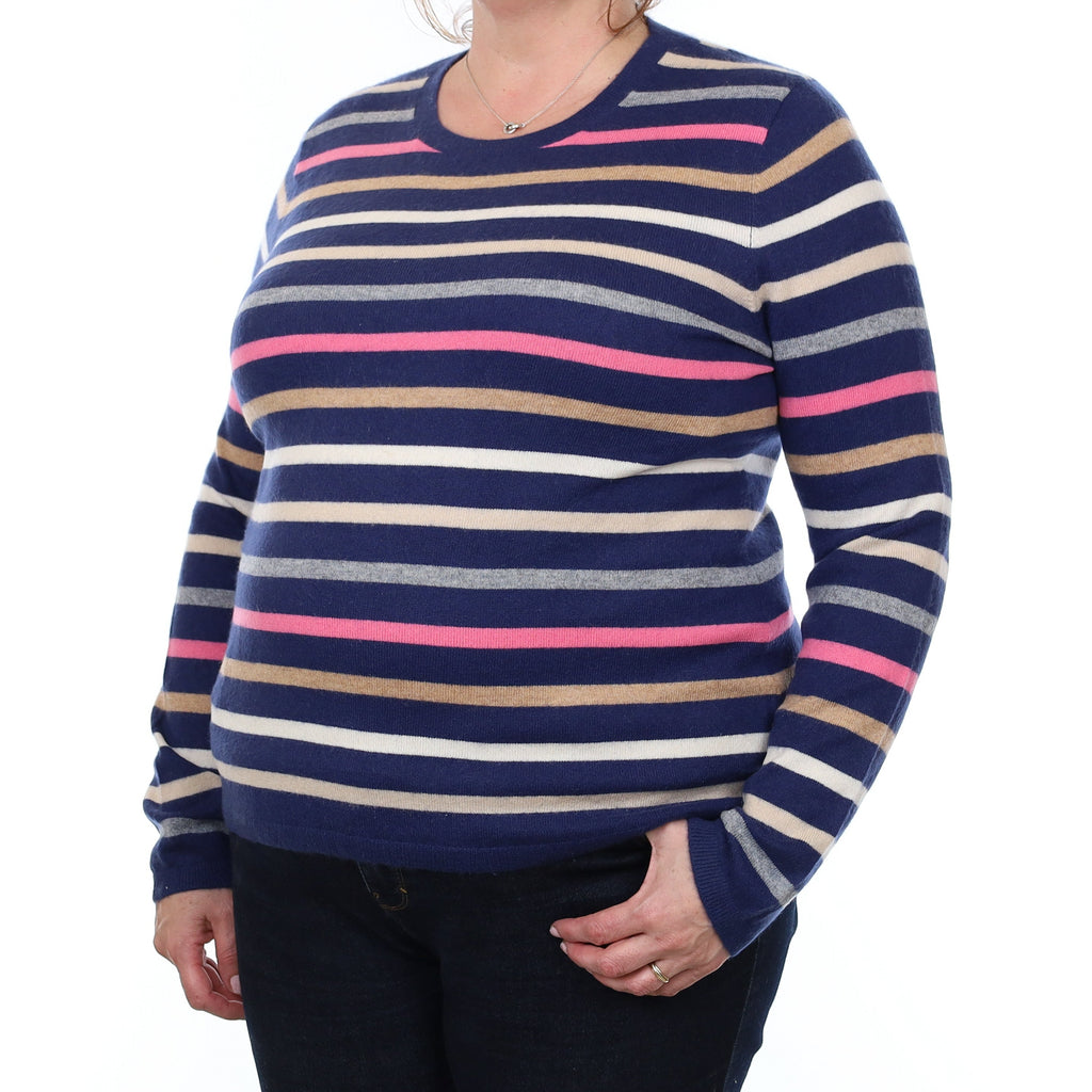 Navy and Pink Stripe Cashmere Crew Neck Jumper Extra Large