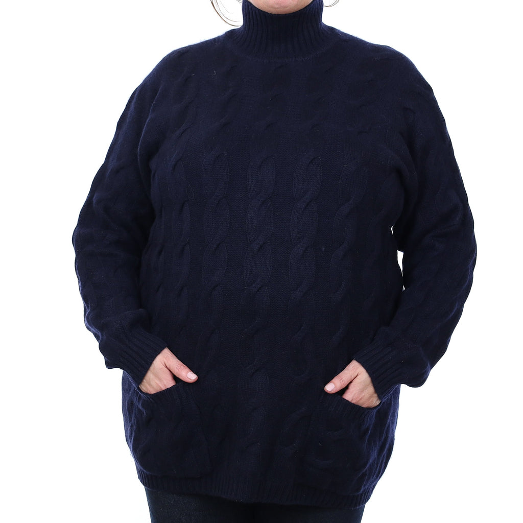 Navy Chunky Cable Cashmere Turtleneck Jumper with Pockets Extra Large