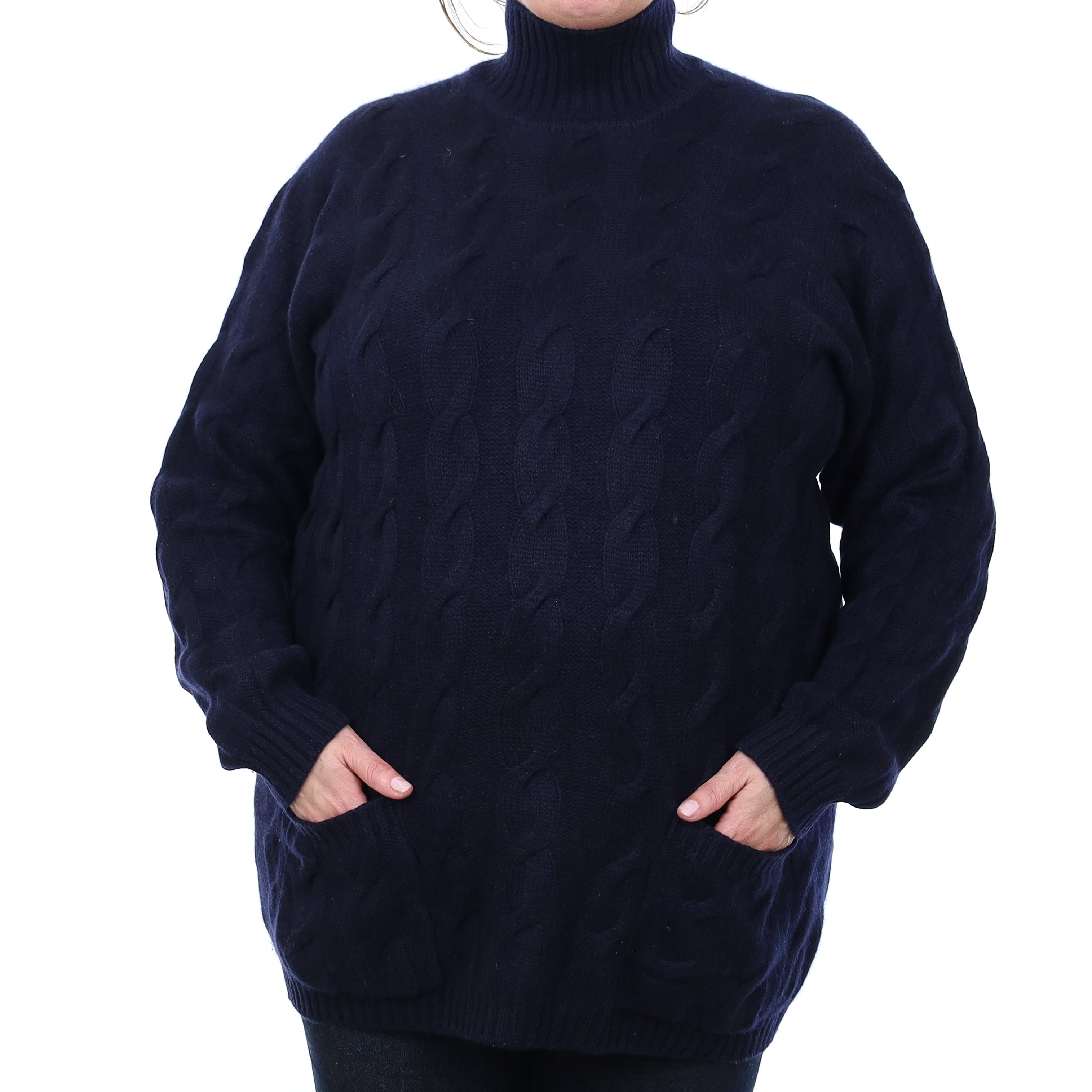 Navy Chunky Cable Cashmere Turtleneck Jumper with Pockets Extra Large